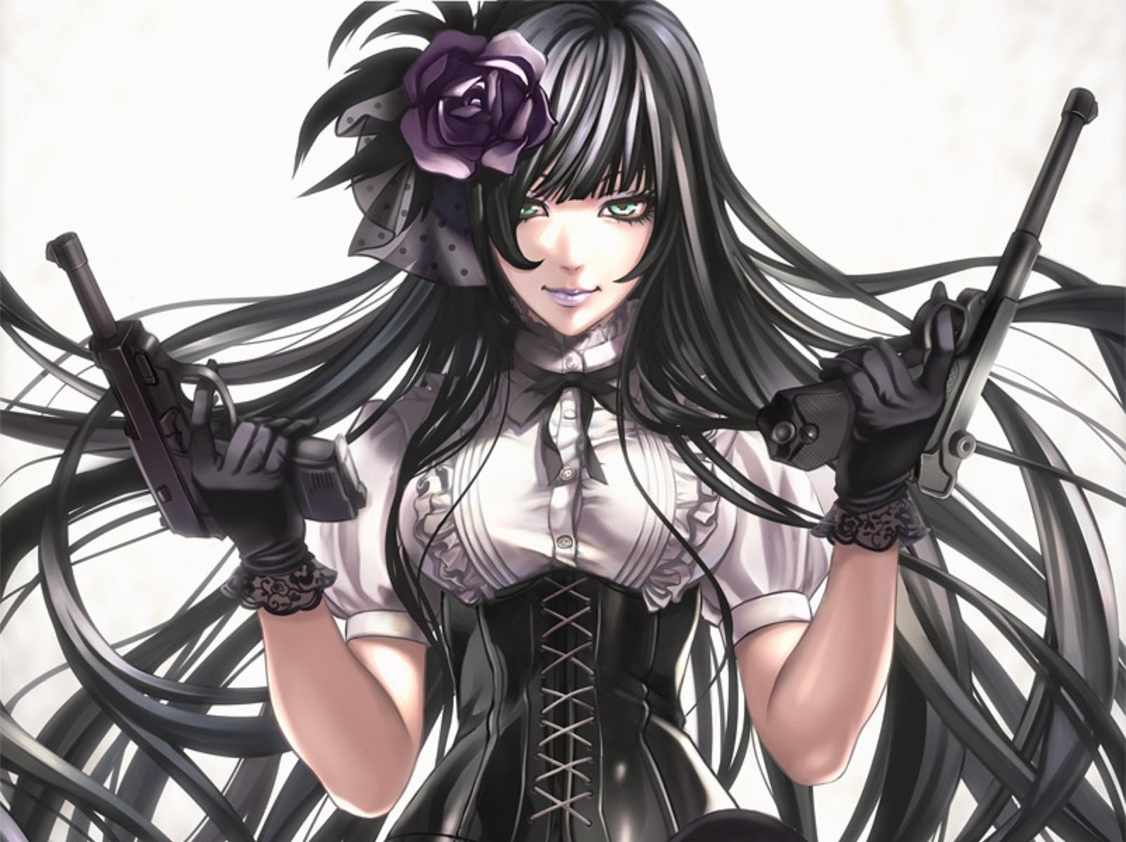 Anime 1604x1200 anime girls looking at viewer gun anime corset girls with guns black hair flowers flower in hair simple background white background long hair women weapon dual wield frontal view