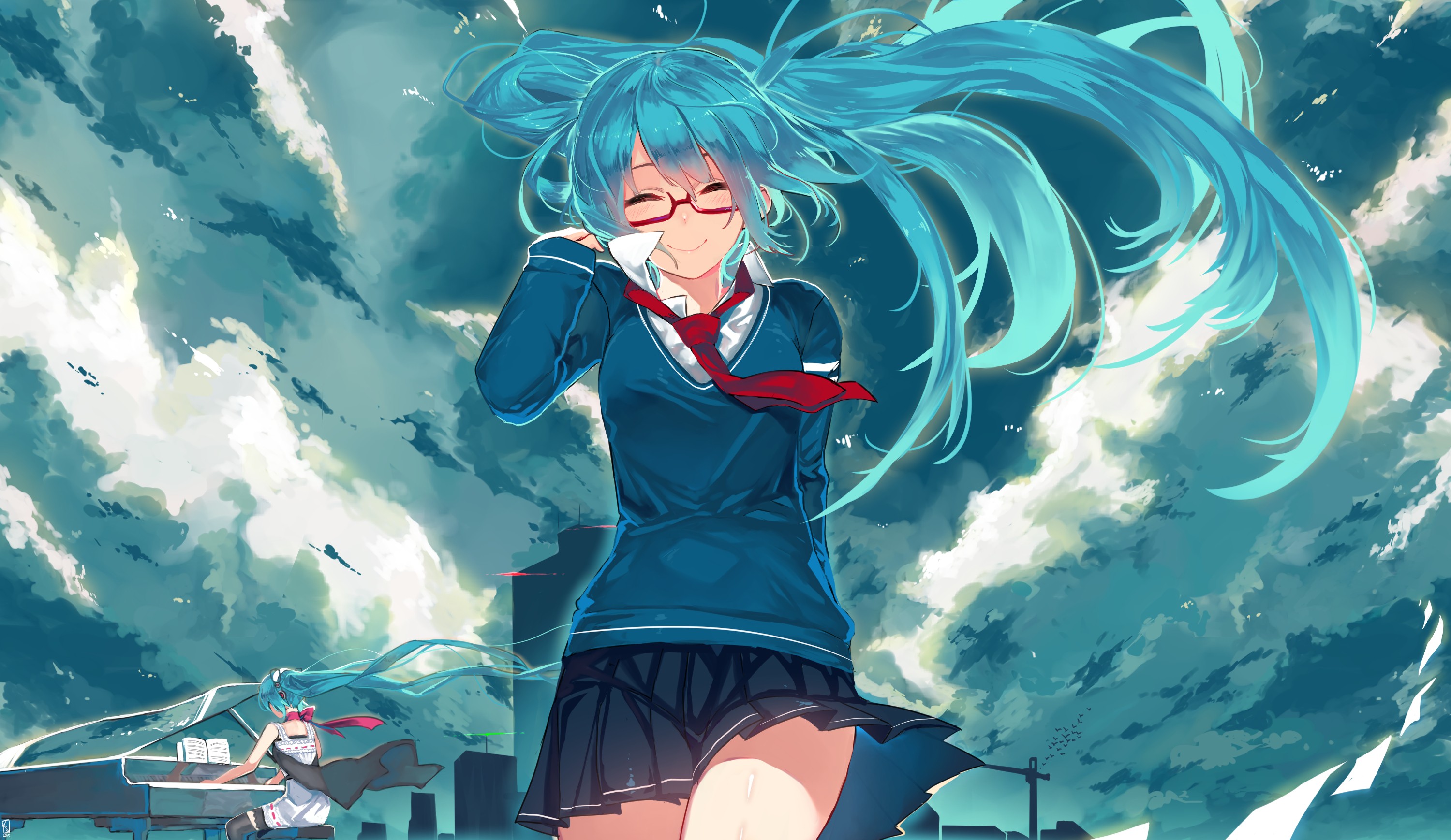 Anime 3000x1738 Vocaloid Hatsune Miku skirt anime girls glasses twintails cyan hair anime blue hair long hair smiling school uniform sky clouds windy women with glasses miniskirt piano musical instrument