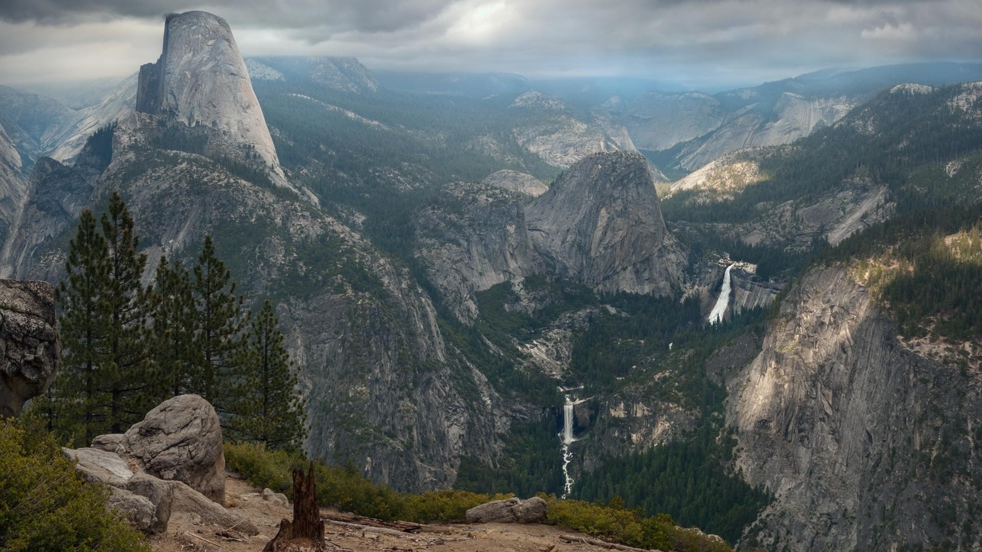 General 1920x1080 nature landscape mountains trees forest USA waterfall Yosemite National Park rocks clouds tree stump Half Dome far view Glacier Point