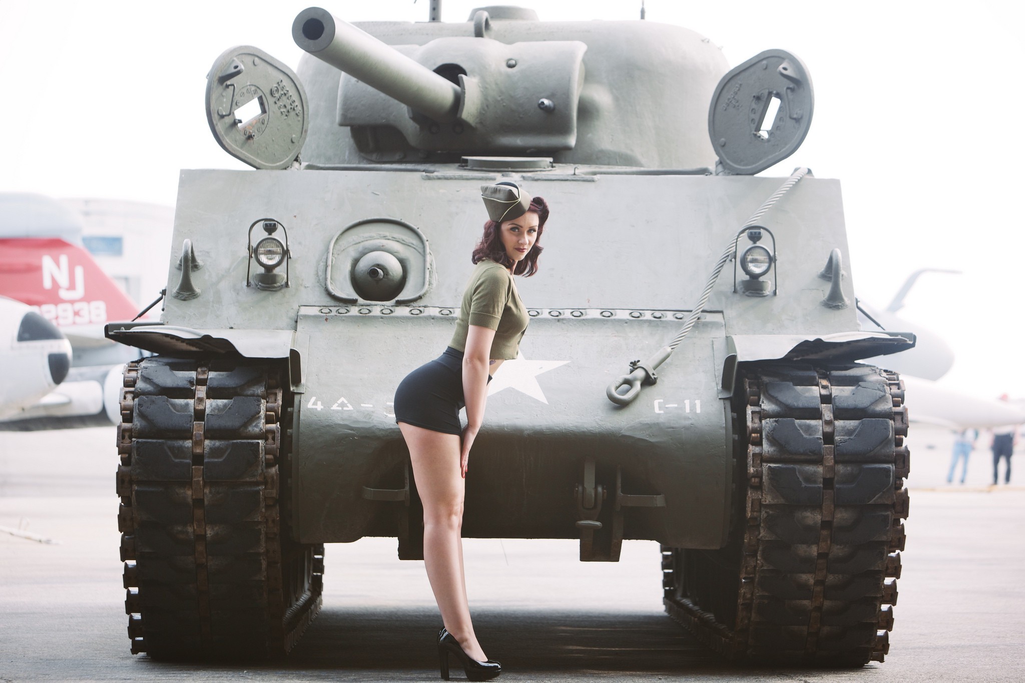 People 2048x1365 pinup models women military brunette M4 Sherman tank uniform heels looking at viewer miniskirt tattoo hat vintage outdoors military vehicle vehicle women with hats model micro skirt