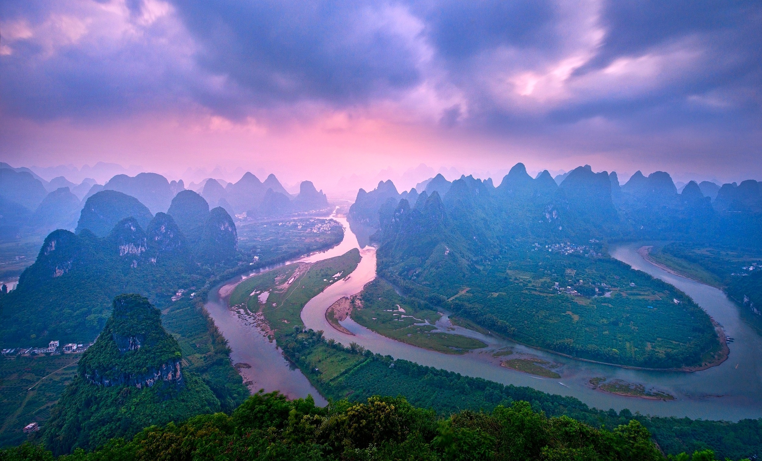 General 2500x1515 landscape river nature mountains China sunset forest clouds town green panorama Asia