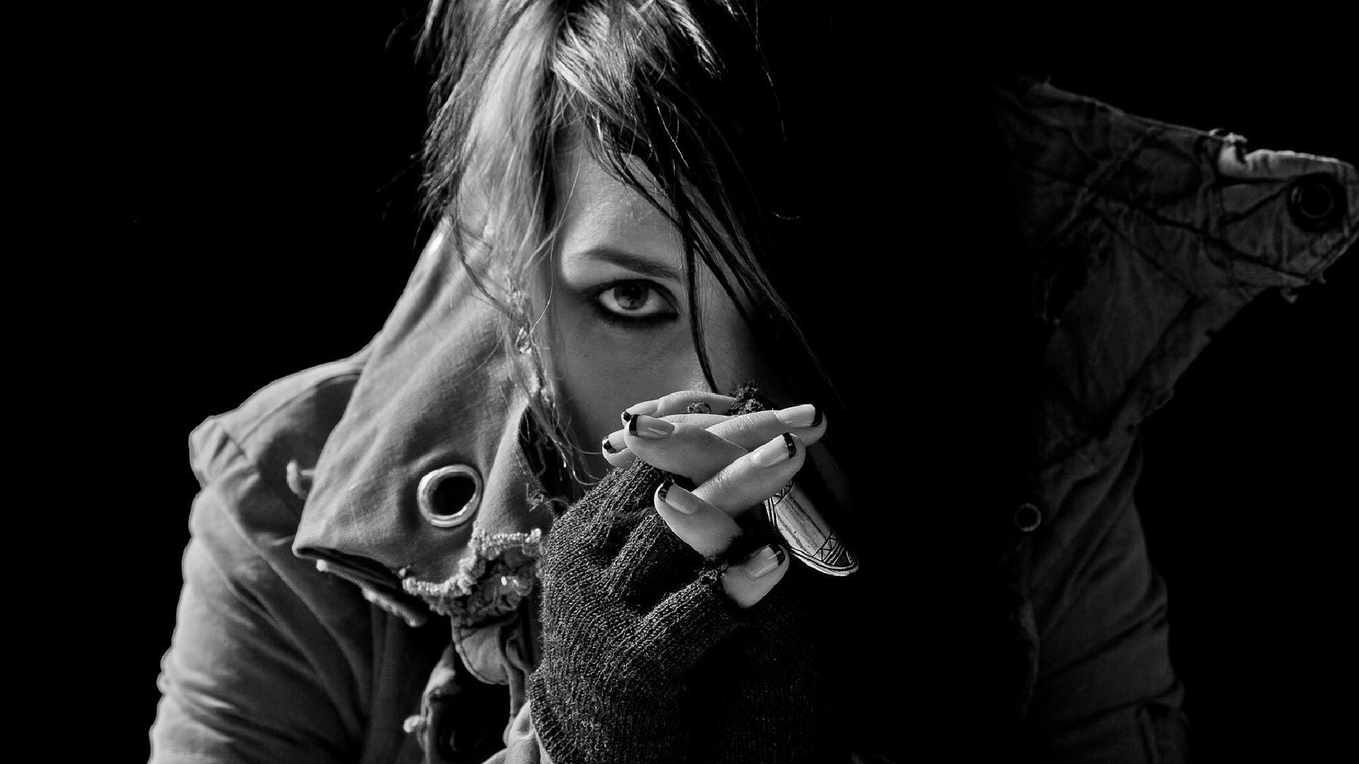 People 1920x1080 Skylar Grey women model fingers looking at viewer makeup simple background black background musician monochrome painted nails face American women