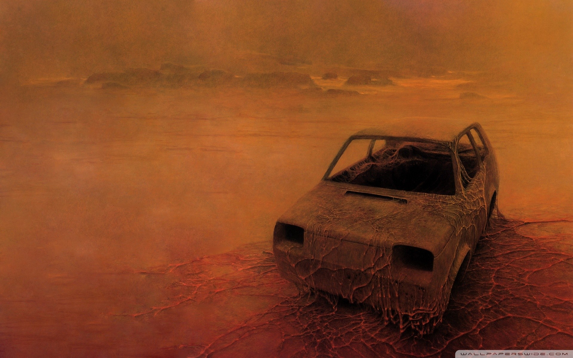 General 1920x1200 apocalyptic car rust FIAT desolation FIAT 126 Zdzisław Beksiński watermarked horror dreamscape wreck painting