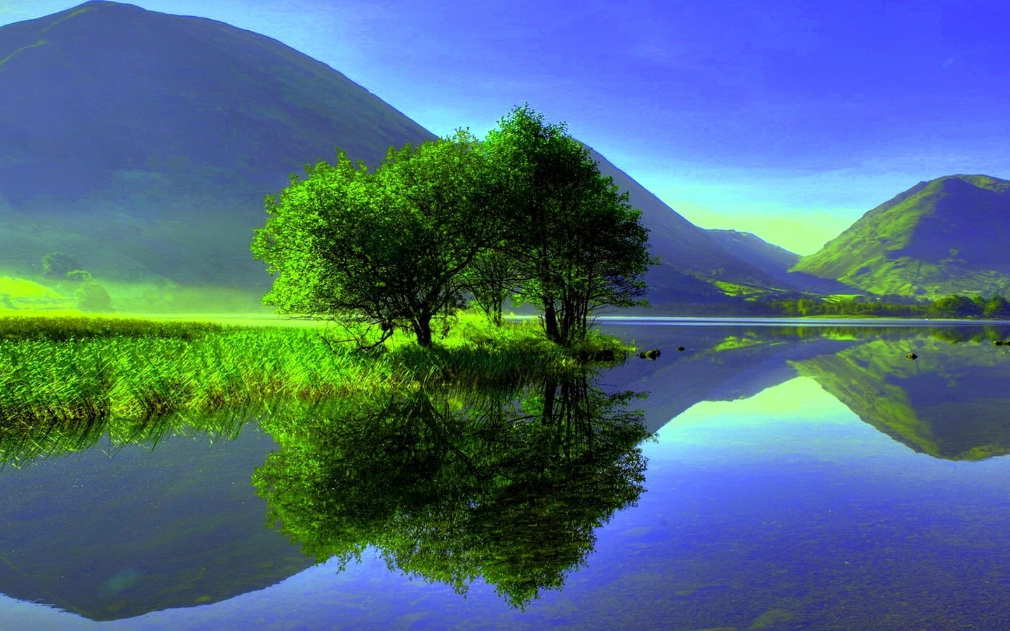 General 1440x900 artwork nature mountains trees reflection clear sky sky landscape