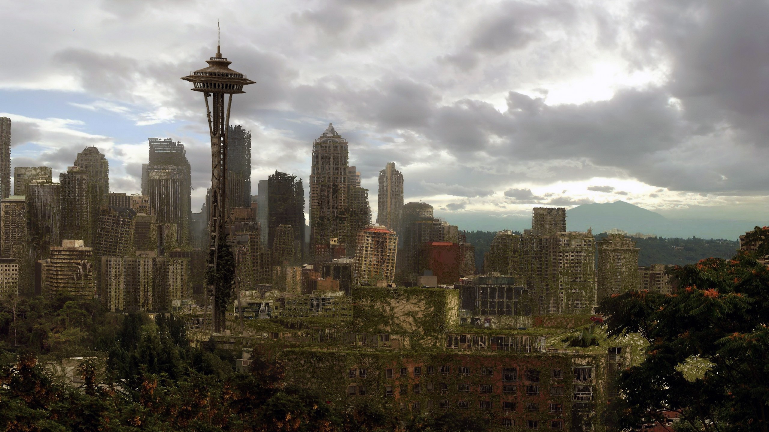General 2560x1440 apocalyptic city building Seattle digital art cityscape futuristic science fiction ruins Space Needle Washington State USA