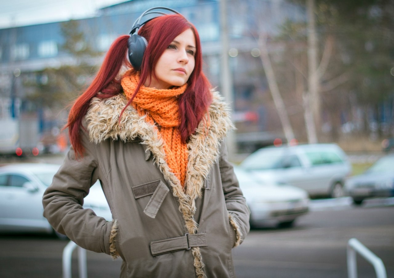 People 1280x904 Julia Vlasova redhead scarf headphones women women outdoors urban long hair looking into the distance coats pale hands in pockets grey coat standing