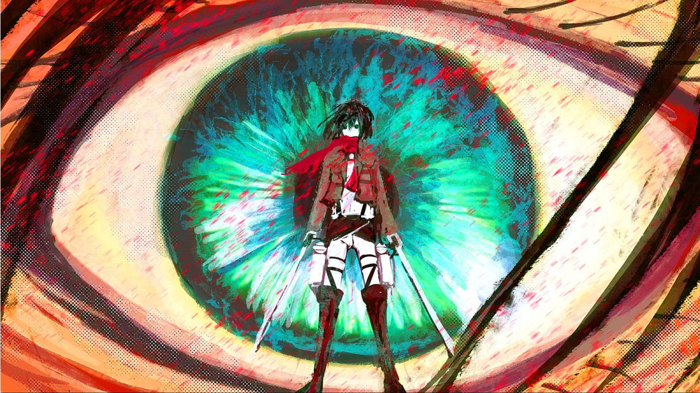 Anime 1440x810 Shingeki no Kyojin Mikasa Ackerman anime anime girls standing sword weapon eyes