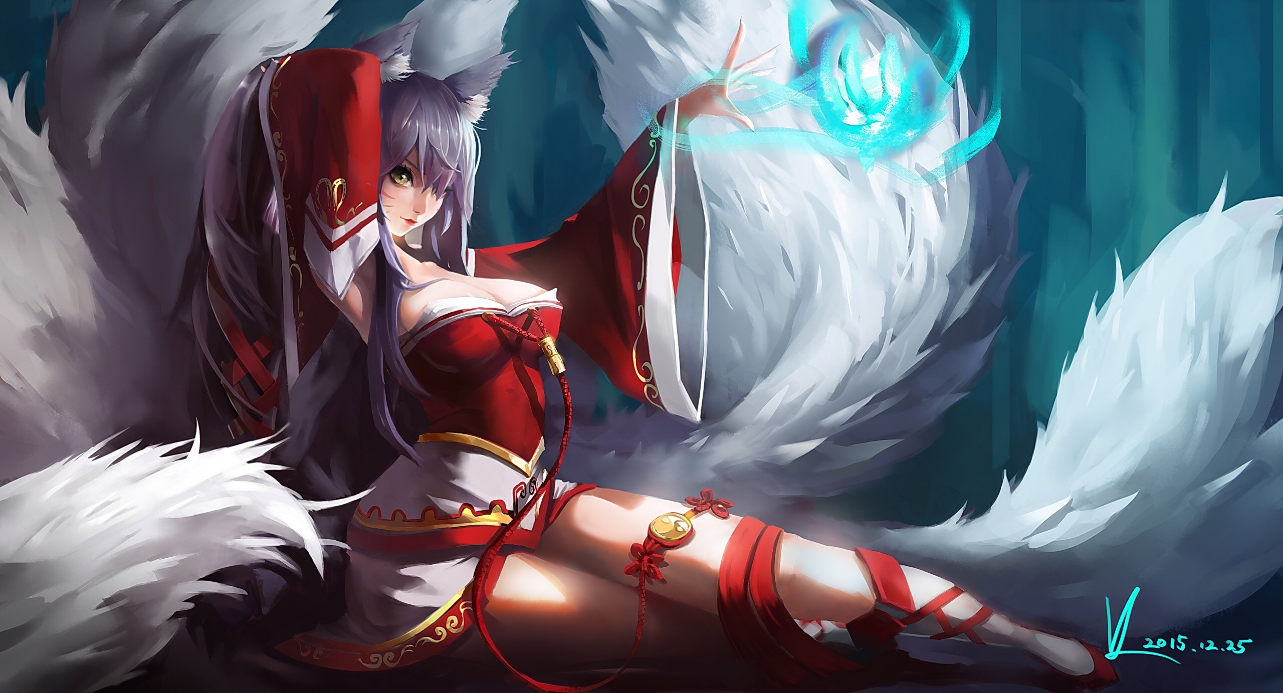 Anime 2560x1383 Ahri (League of Legends) League of Legends fox girl boobs big boobs watermarked video game girls