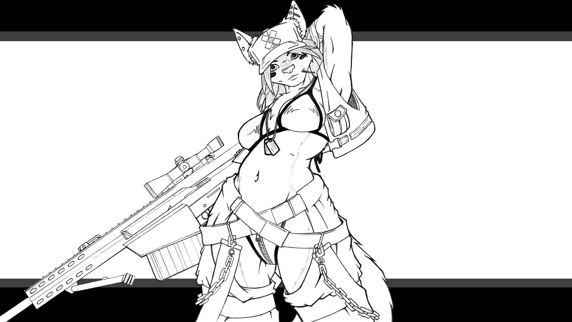 Anime 1820x1024 furry Anthro sniper rifle weapon monochrome belly boobs