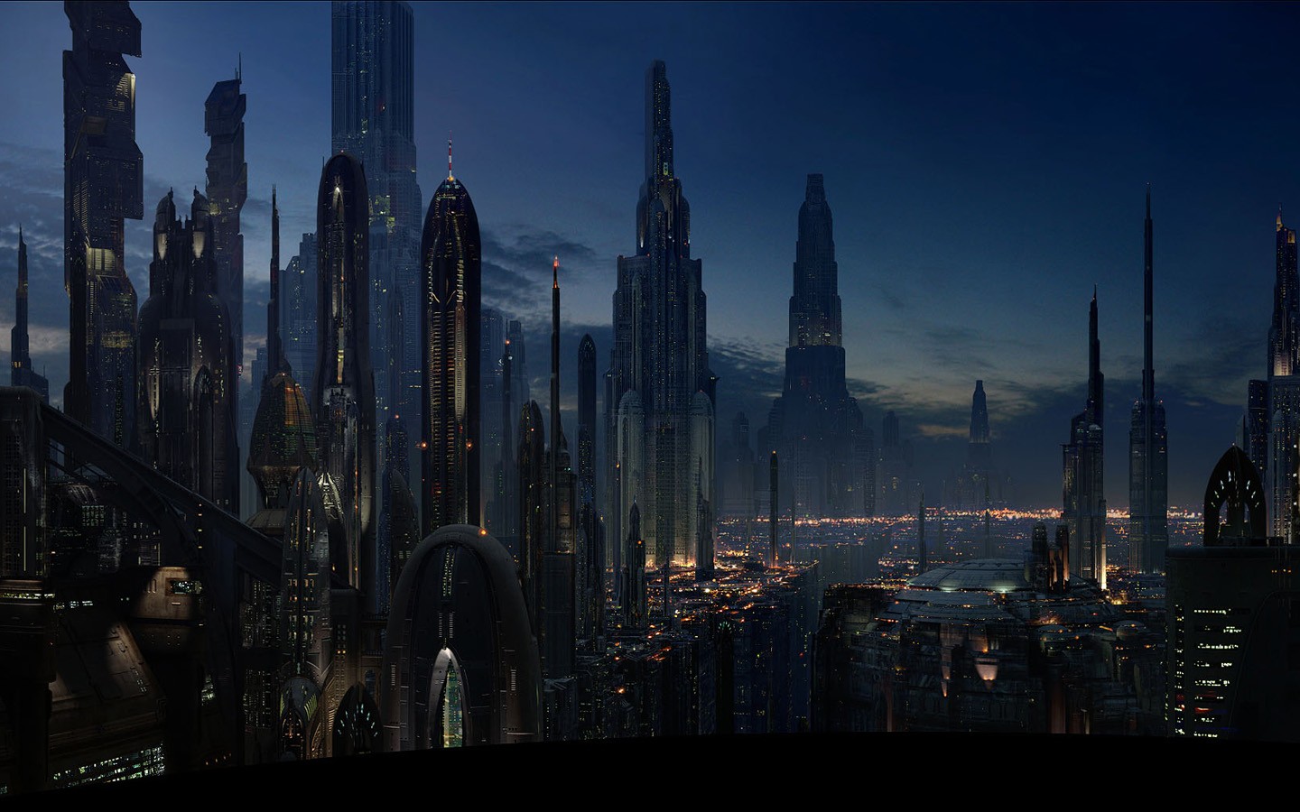 General 1440x900 Star Wars Coruscant Star Wars: Episode III - The Revenge of the Sith movies futuristic city night sky science fiction 2005 (Year) film stills cityscape