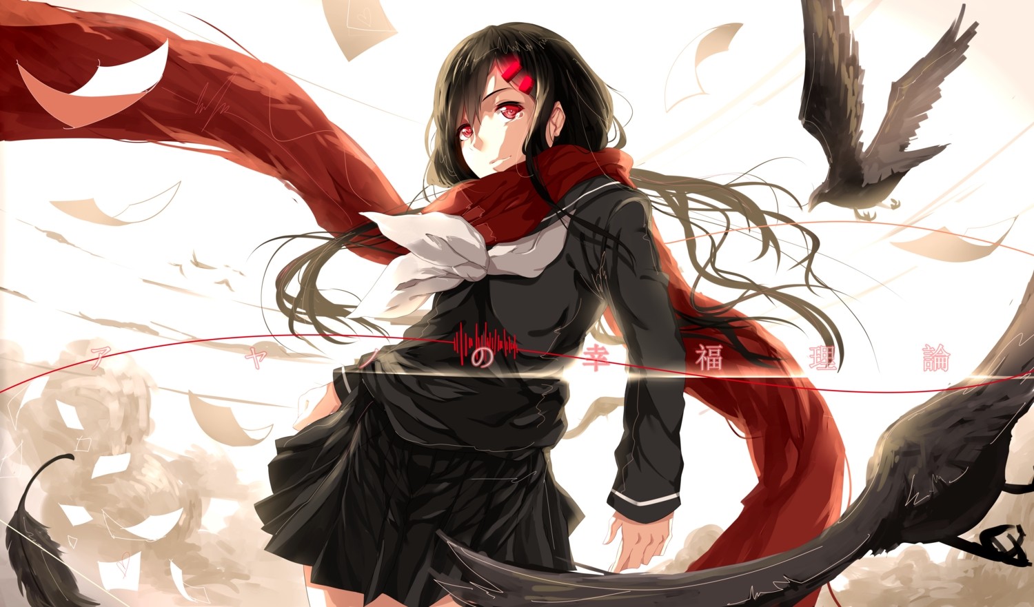 Anime 1500x881 anime anime girls Kagerou Project crow scarf Tateyama Ayano birds red eyes long hair black clothing