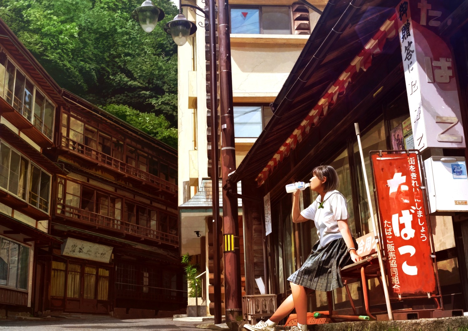 Anime 1500x1061 school uniform town street women urban drinking Asia