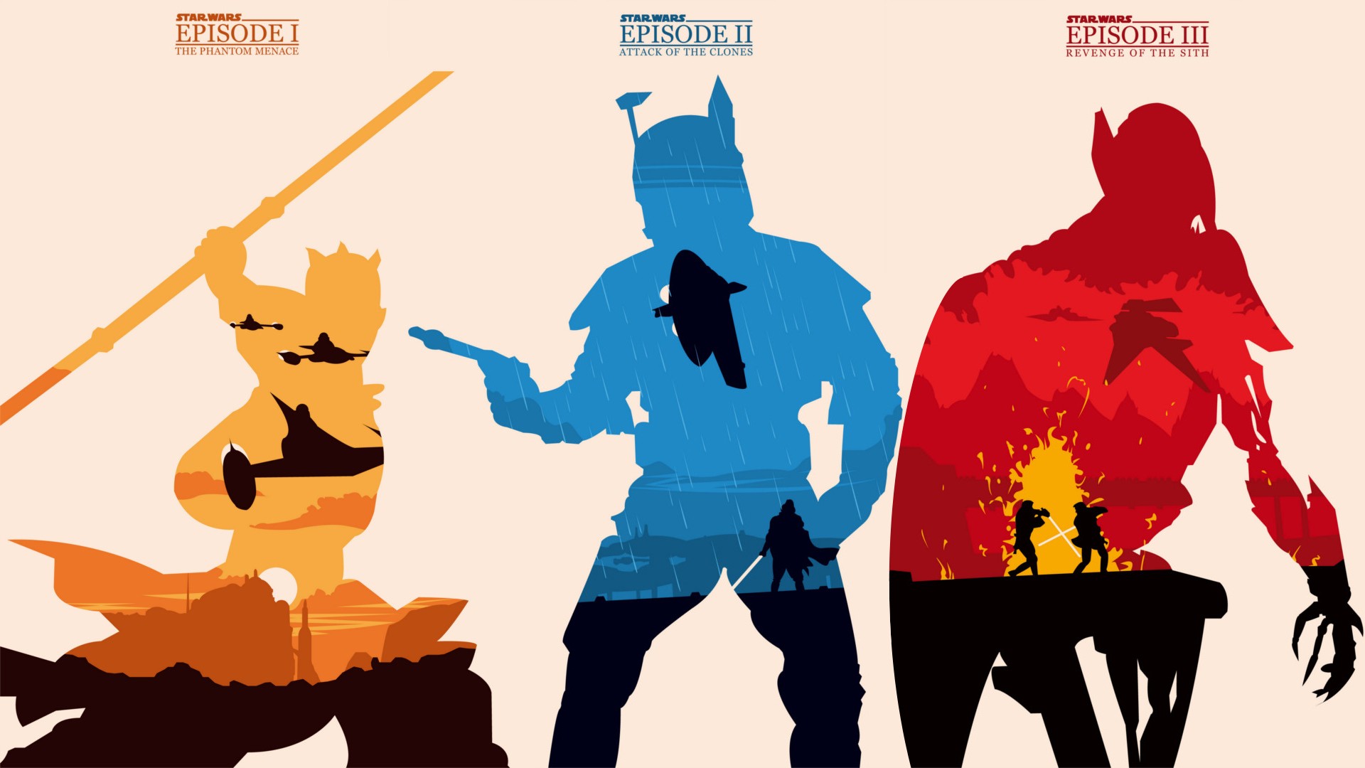 General 1920x1080 Darth Maul Jango Fett Star Wars red blue yellow silhouette beige background collage science fiction Star Wars Villains simple background Star Wars: Episode I - The Phantom Menace Star Wars: Episode II - Attack of the Clones Star Wars: Episode III - The Revenge of the Sith movies