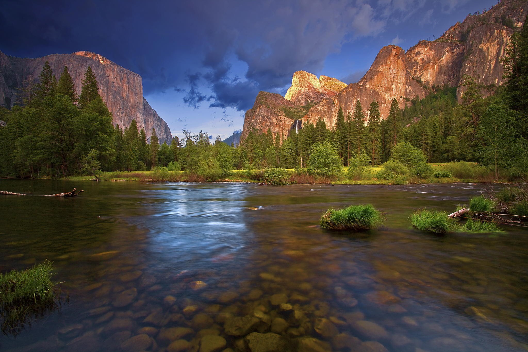 General 2048x1365 landscape nature rocks river pine trees mountains USA California Yosemite National Park
