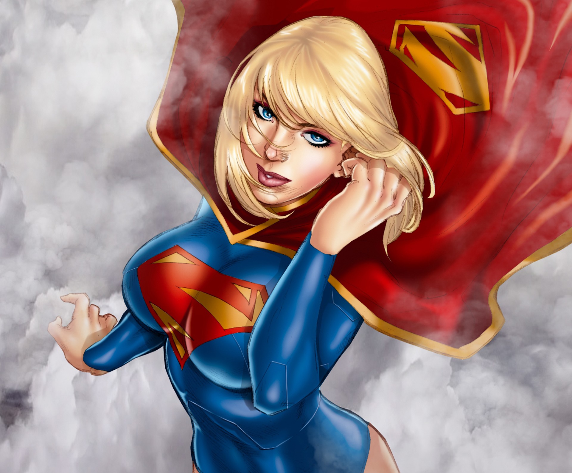 Anime 1920x1588 blonde Supergirl drawing red boobs big boobs women cape curvy superheroines blue eyes