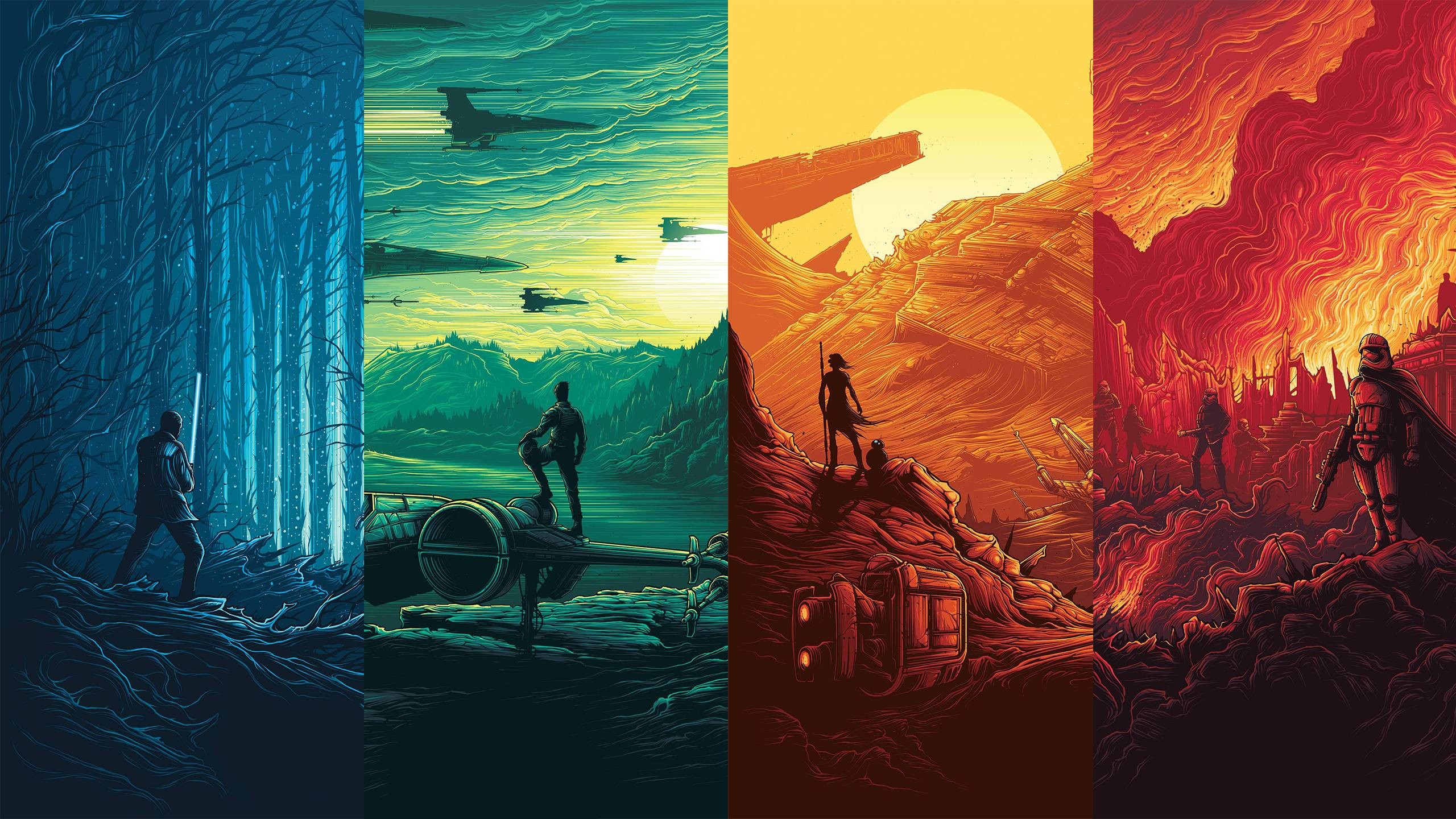 General 2560x1440 Star Wars: The Force Awakens collage Star Wars The First Order X-wing science fiction artwork panels colorful red orange green blue yellow