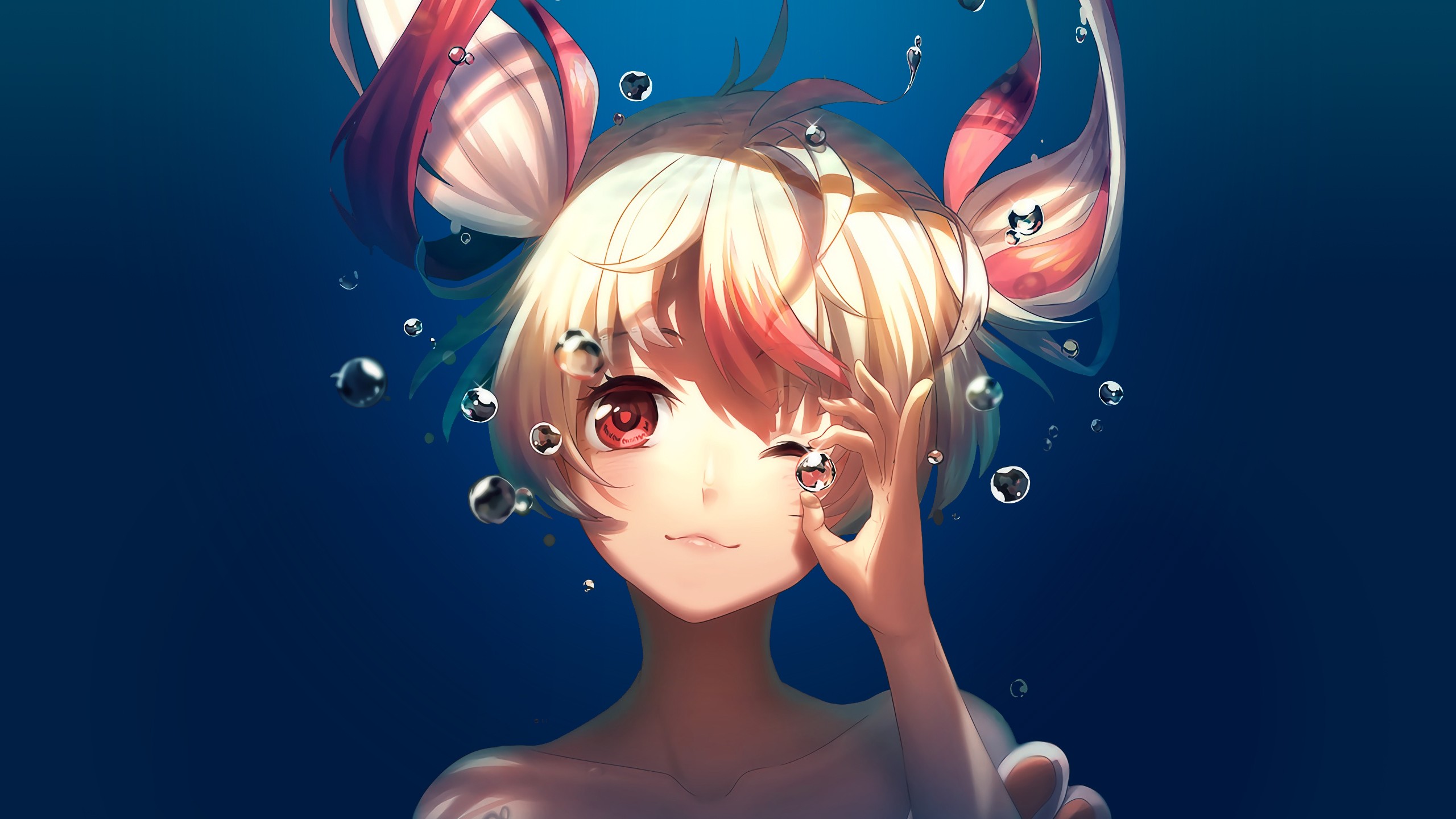 Anime 2560x1440 anime girls red eyes underwater original characters face blue background simple background blonde