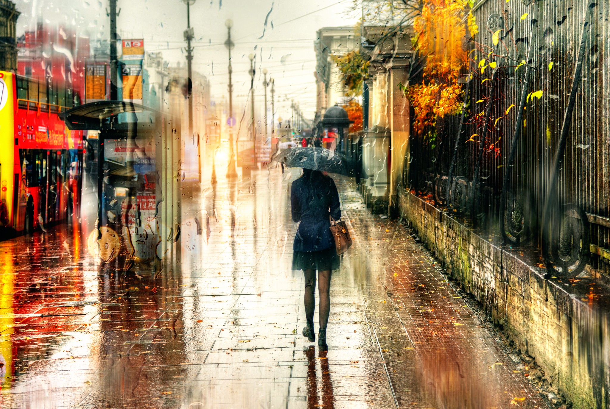 General 2048x1374 St. Petersburg Russia rain blurred city urban umbrella women outdoors women with umbrella walking