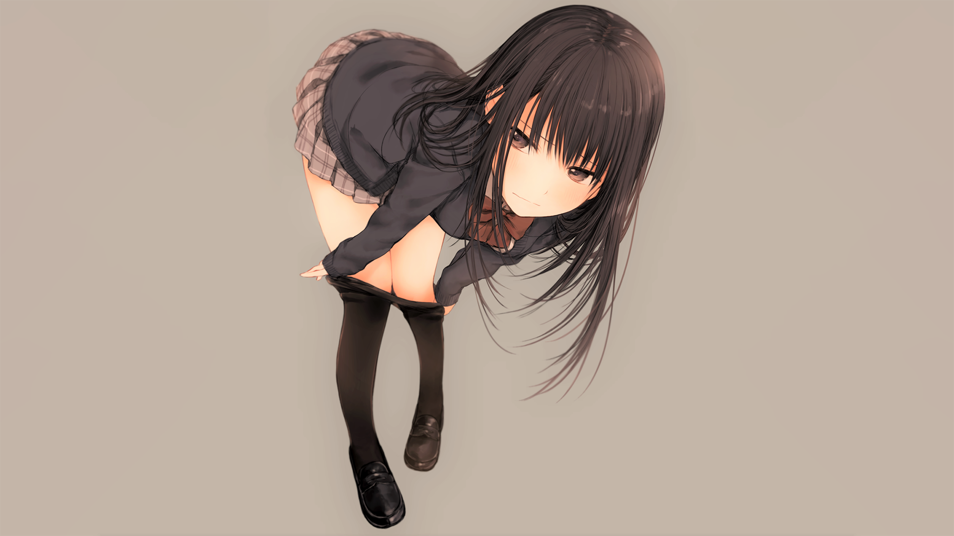 Anime 1920x1080 anime girls pantyhose original characters school uniform undressing looking away black pantyhose anime bent over simple background