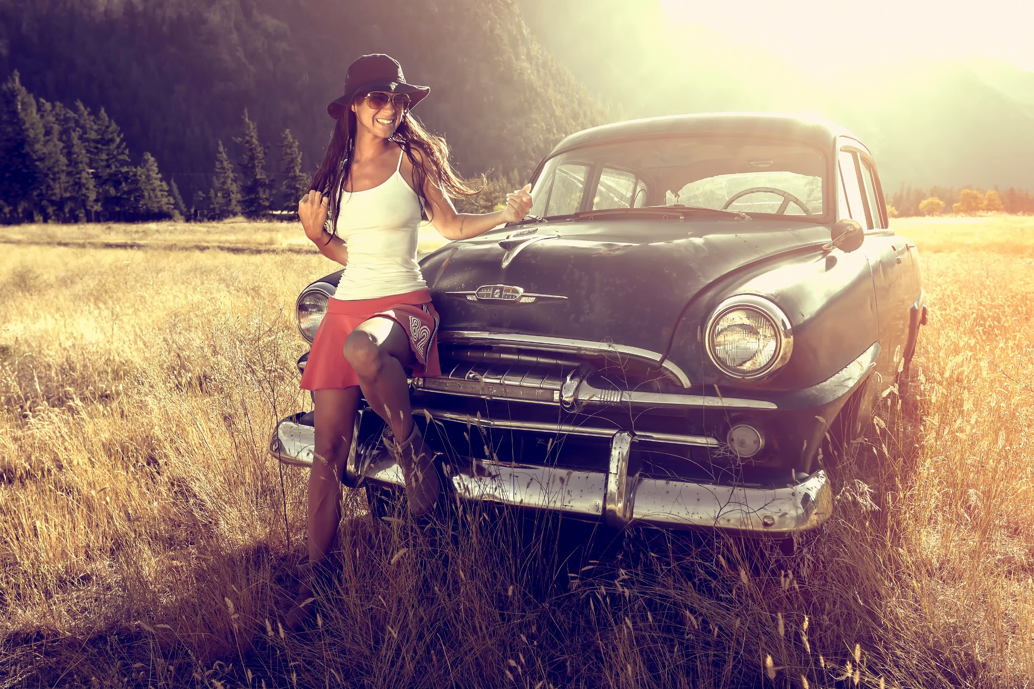 People 2048x1365 women outdoors vehicle car women model smiling old car hat women with hats women with cars black cars legs sunglasses women with shades