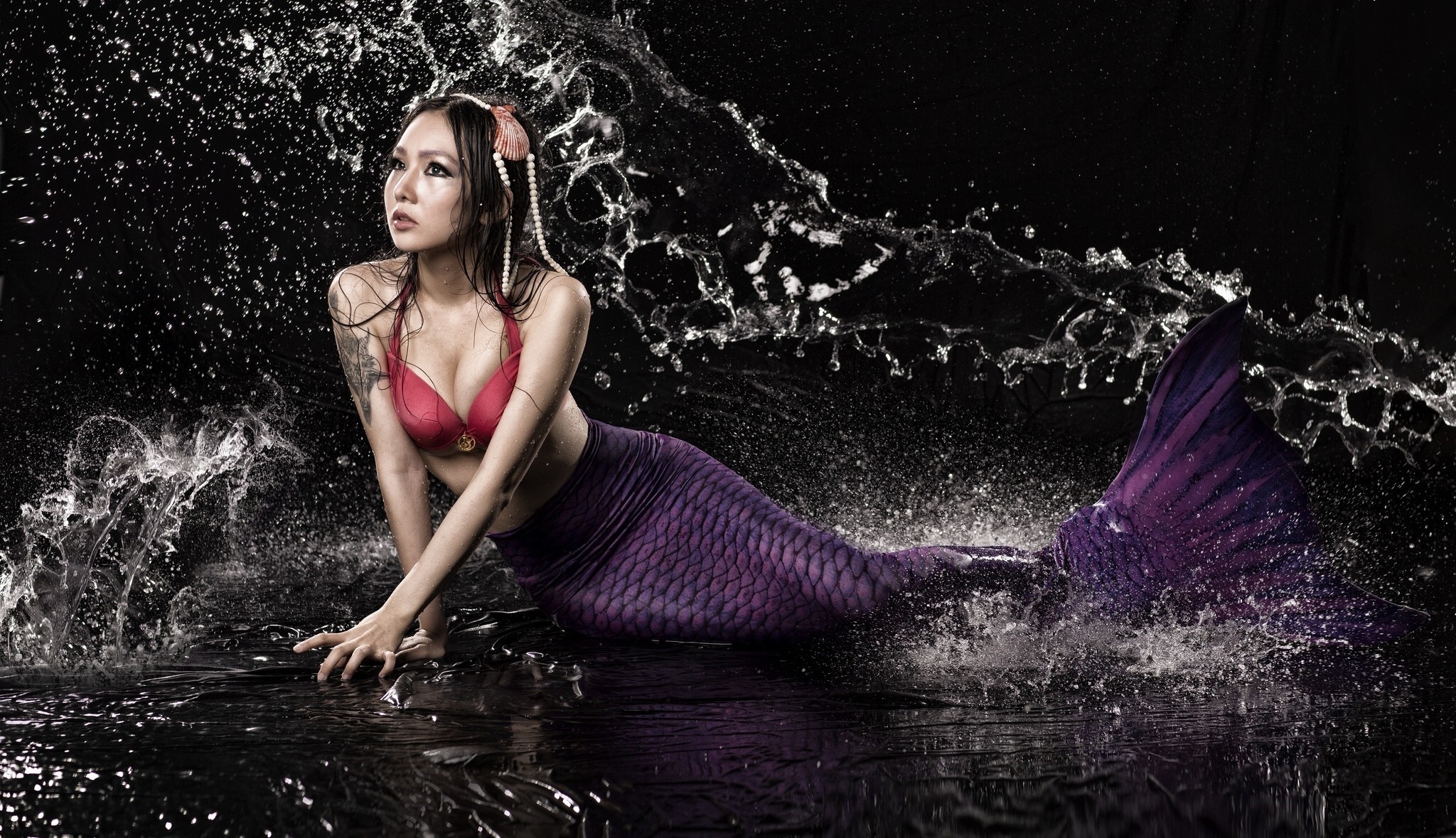 People 2048x1179 fantasy art women model mermaids Asian water liquid bikini top bikini red bikini