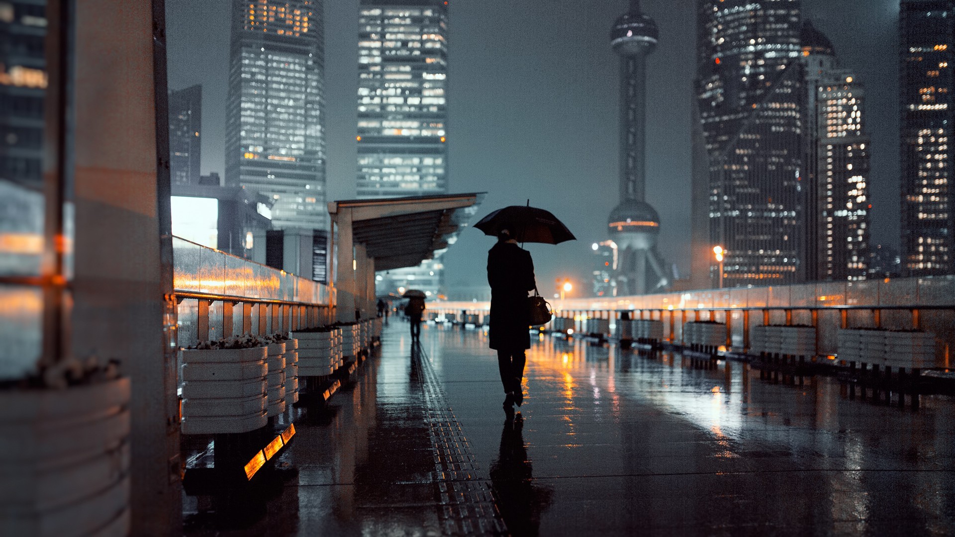 General 1920x1080 city street rain Shanghai China Asia umbrella outdoors urban