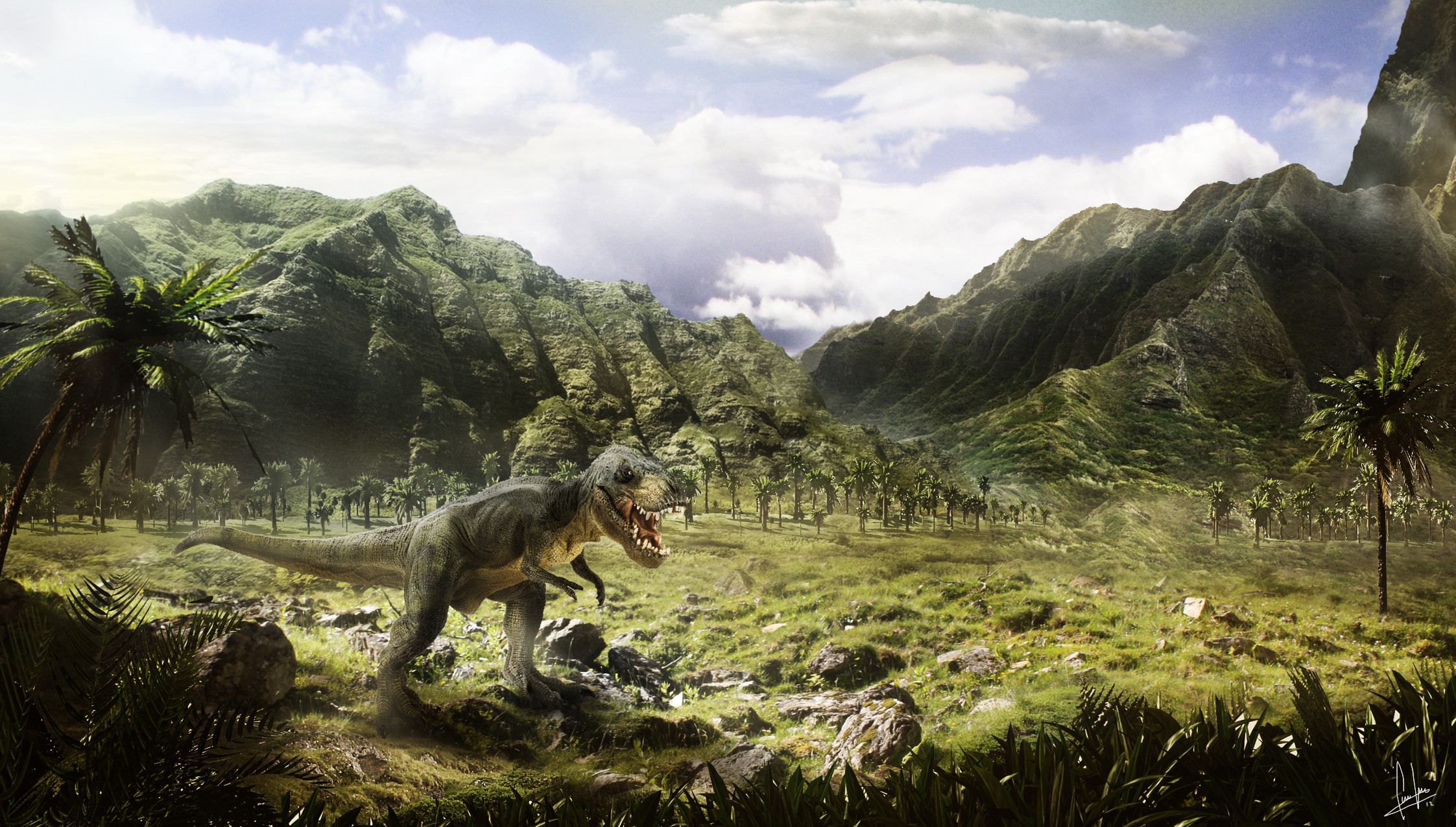 General 2245x1275 artwork dinosaurs fantasy art creature animals digital art landscape nature mountains