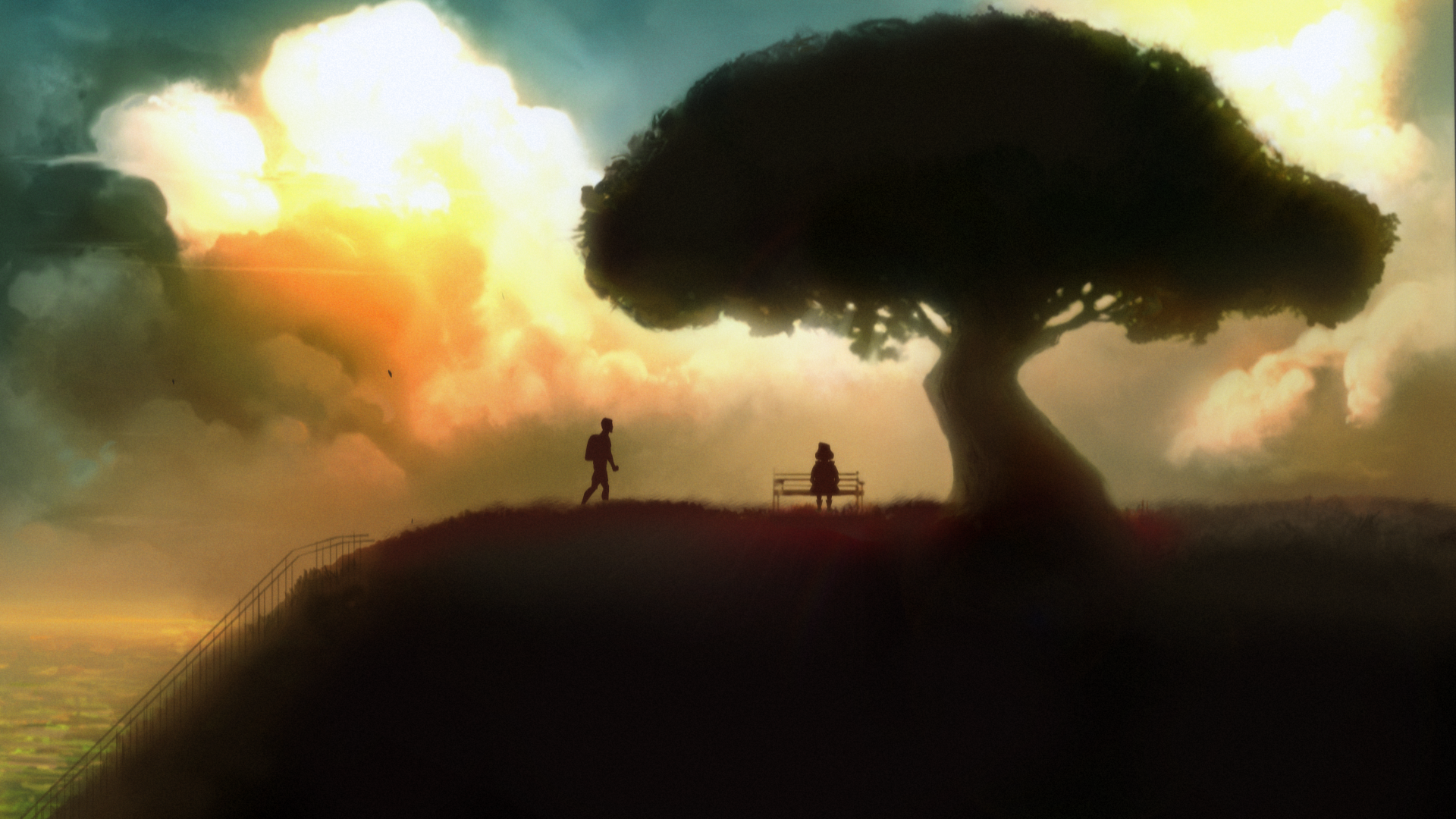 General 1920x1080 trees sky sitting bench hills artwork clouds nature