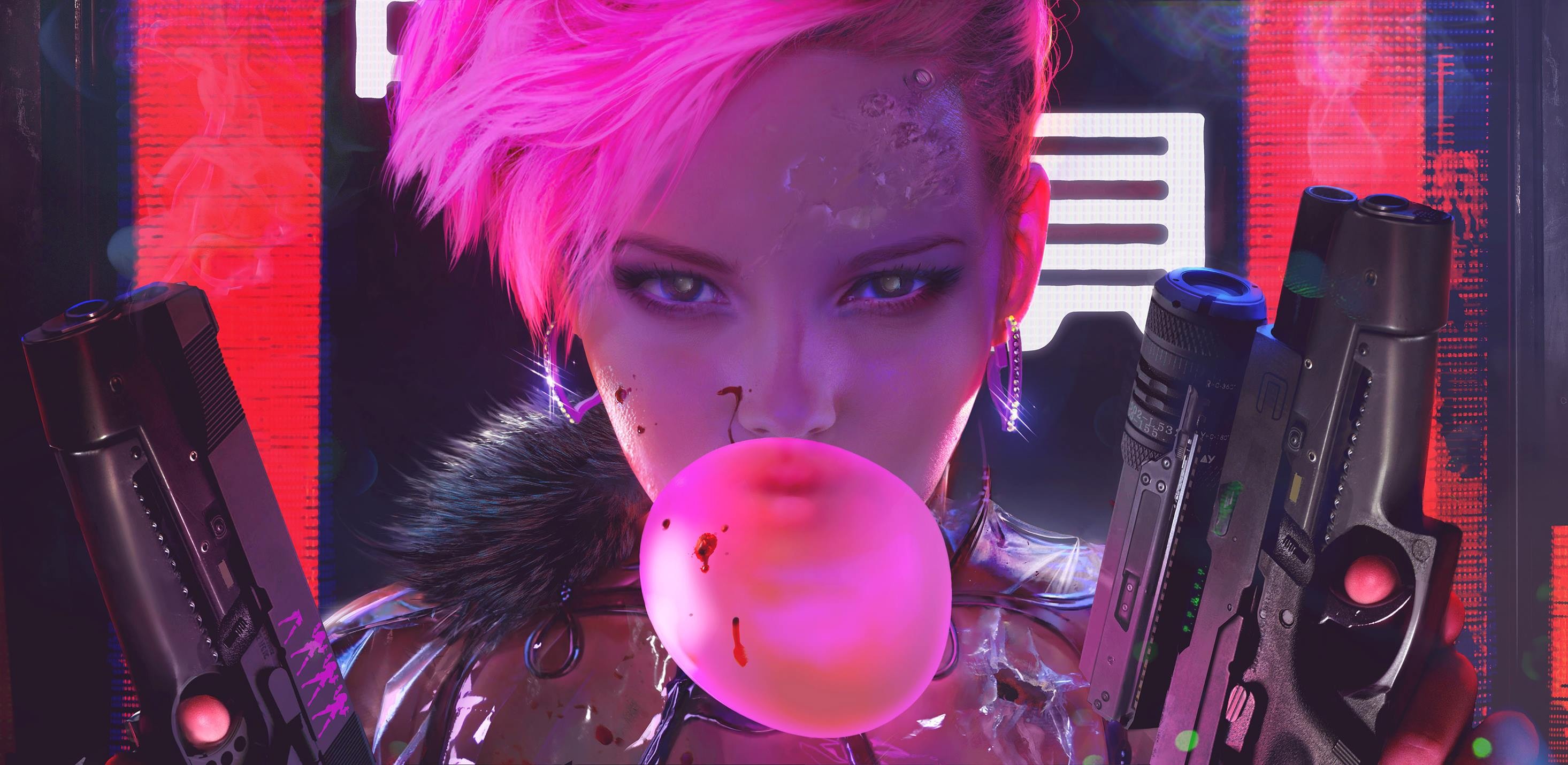 General 2931x1430 face fantasy art cyberpunk Maciej Kuciara women DeviantArt food sweets bubblegum blood weapon girls with guns pink hair looking at viewer
