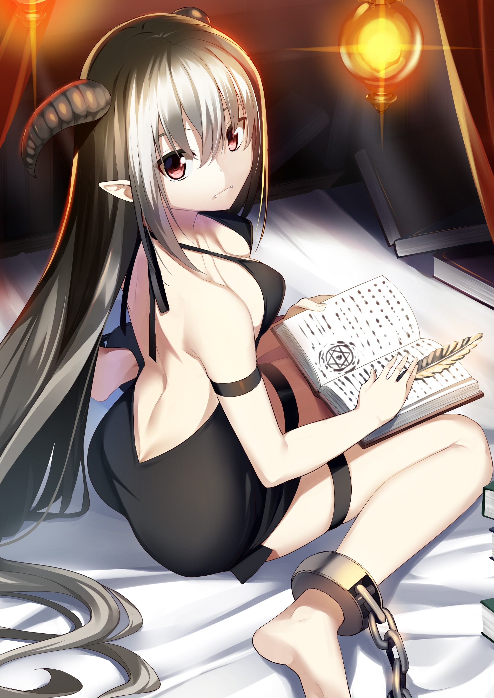 Anime 1902x2686 anime anime girls ass cleavage original characters horns chain on foot chains prisoners books pointy ears Pixiv fantasy girl