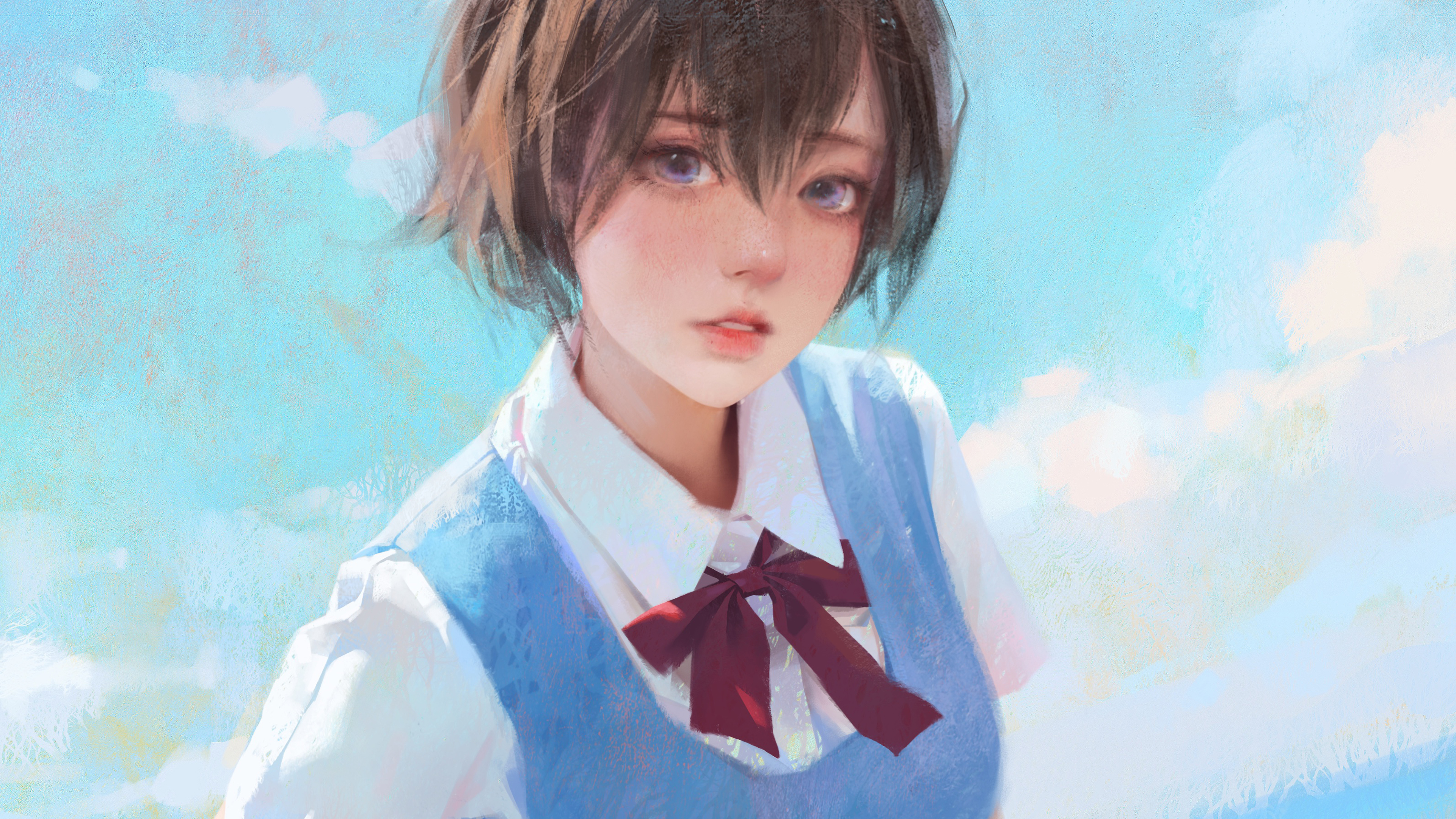 Anime 3840x2160 short hair anime girls looking at viewer artwork digital art tie oil painting sky blue uniform ILLDIAN