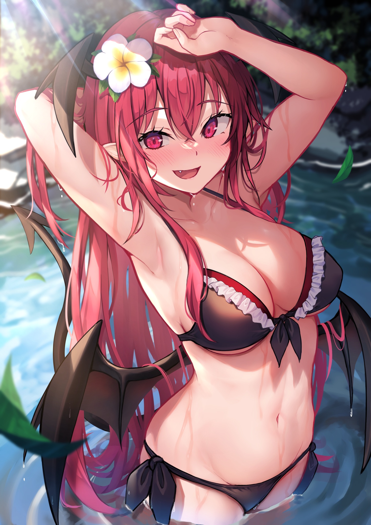 Anime 1447x2047 anime anime girls redhead red eyes flower in hair bikini water big boobs bat wings