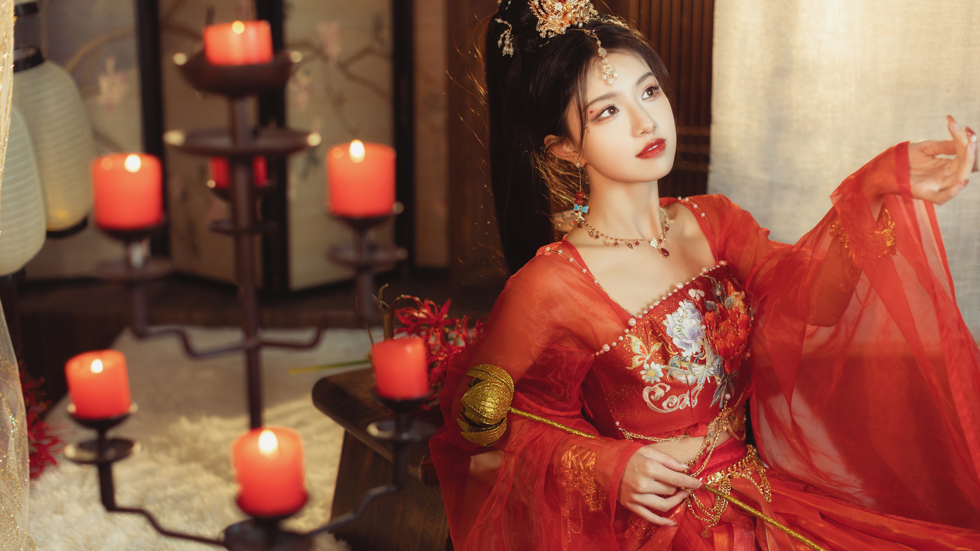 People 1920x1080 red clothing Chinese clothing Asian black hair women hanfu