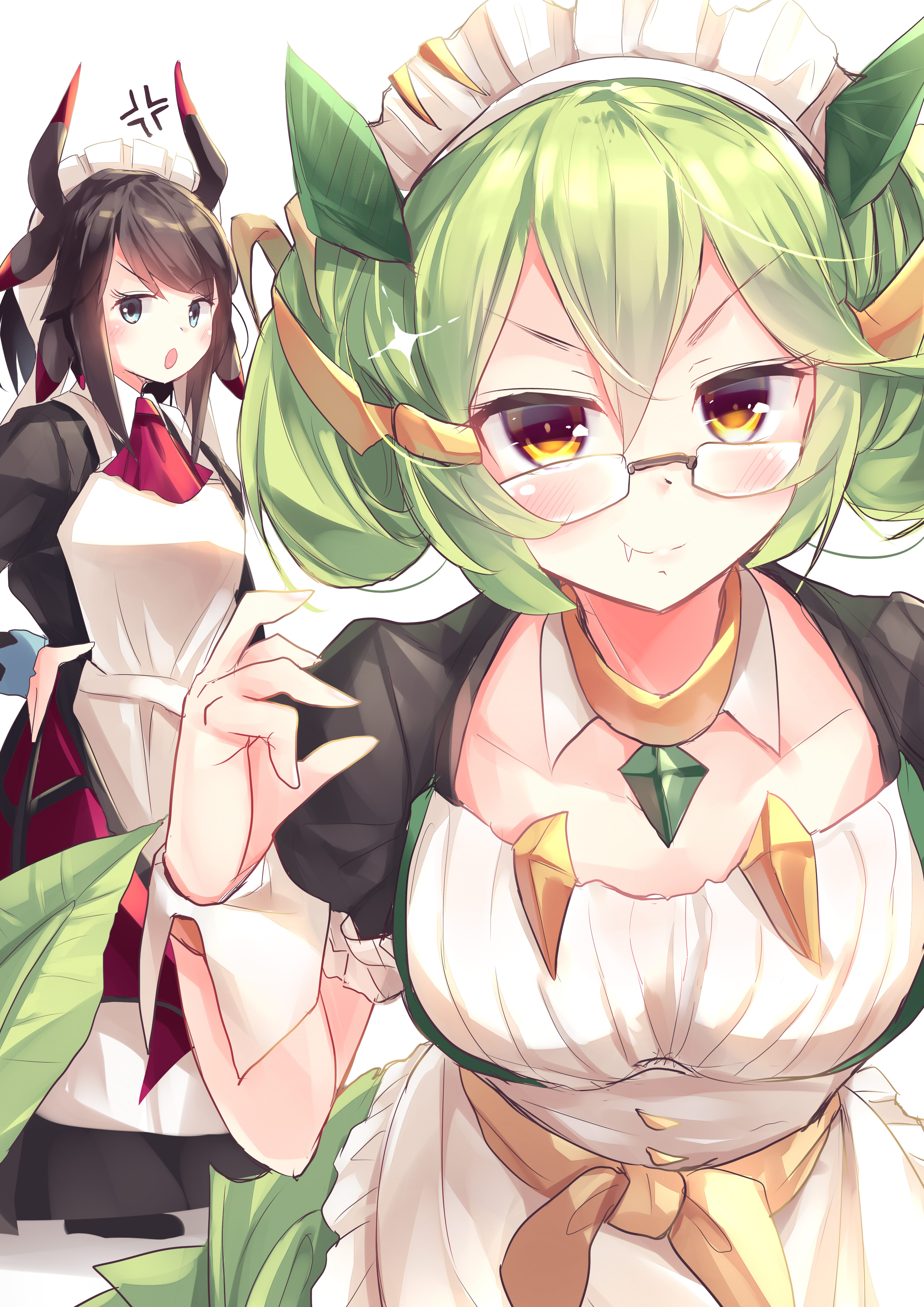 Anime 2480x3507 Yu-Gi-Oh! anime anime girls horns face fangs brunette green hair two women women with glasses House Dragonmaid Parlor Dragonmaid