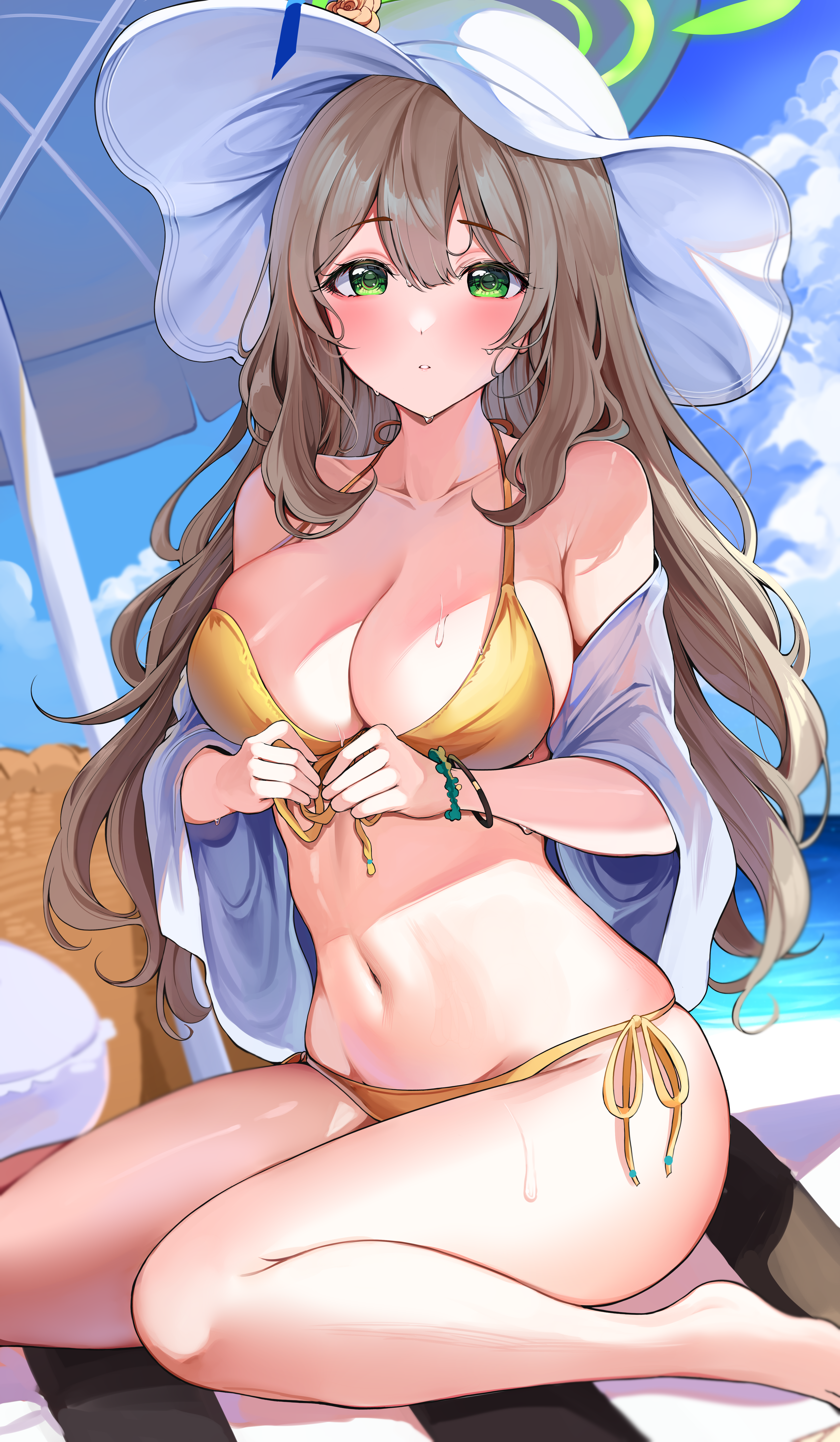 Anime 4226x7251 anime girls boobs hat green eyes bikini Blue Archive Izayoi Nonomi (Blue Archive) kneeling sun hats looking at viewer blushing beach parasol belly