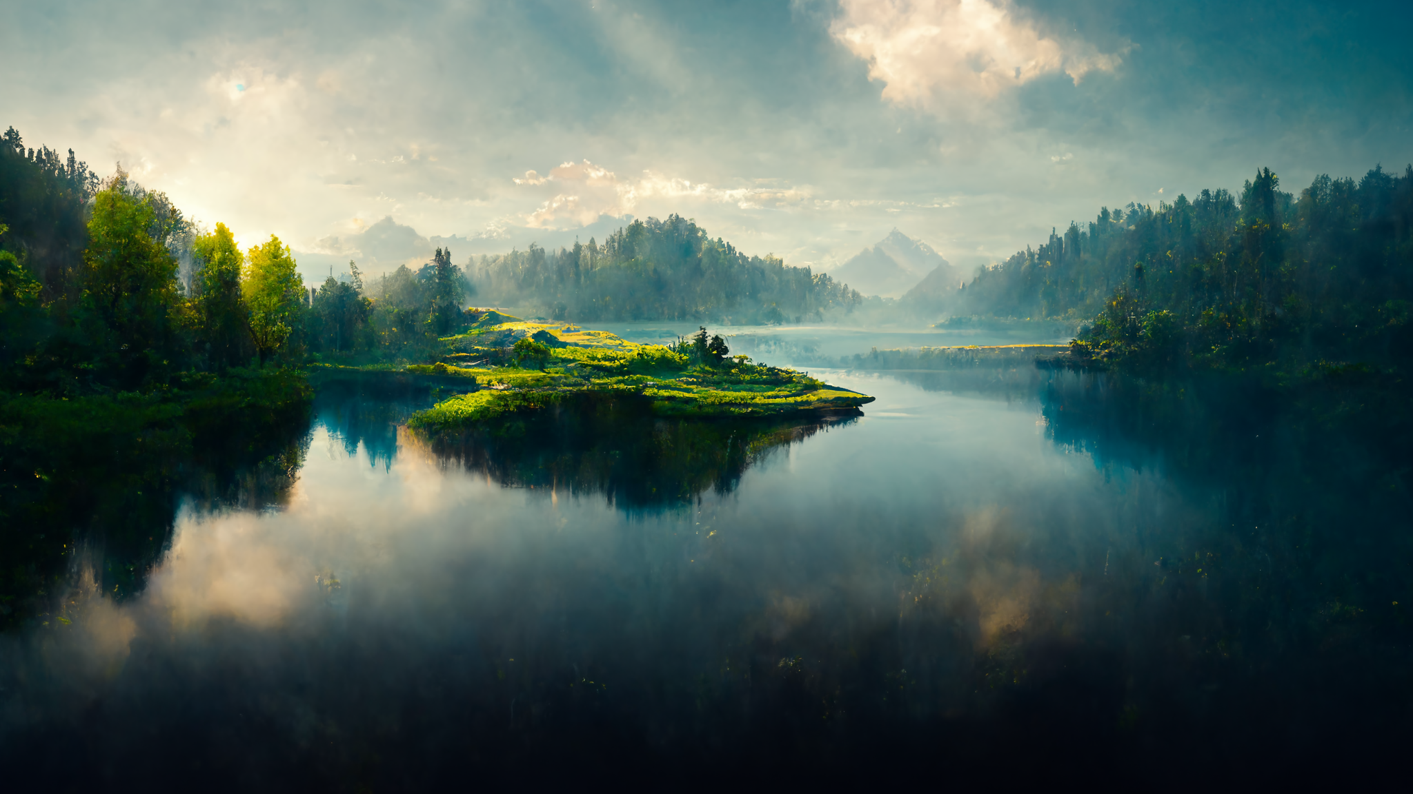 General 2048x1152 lake mountains forest water green grass clouds mist landscape CGI Sun reflection nature AI art