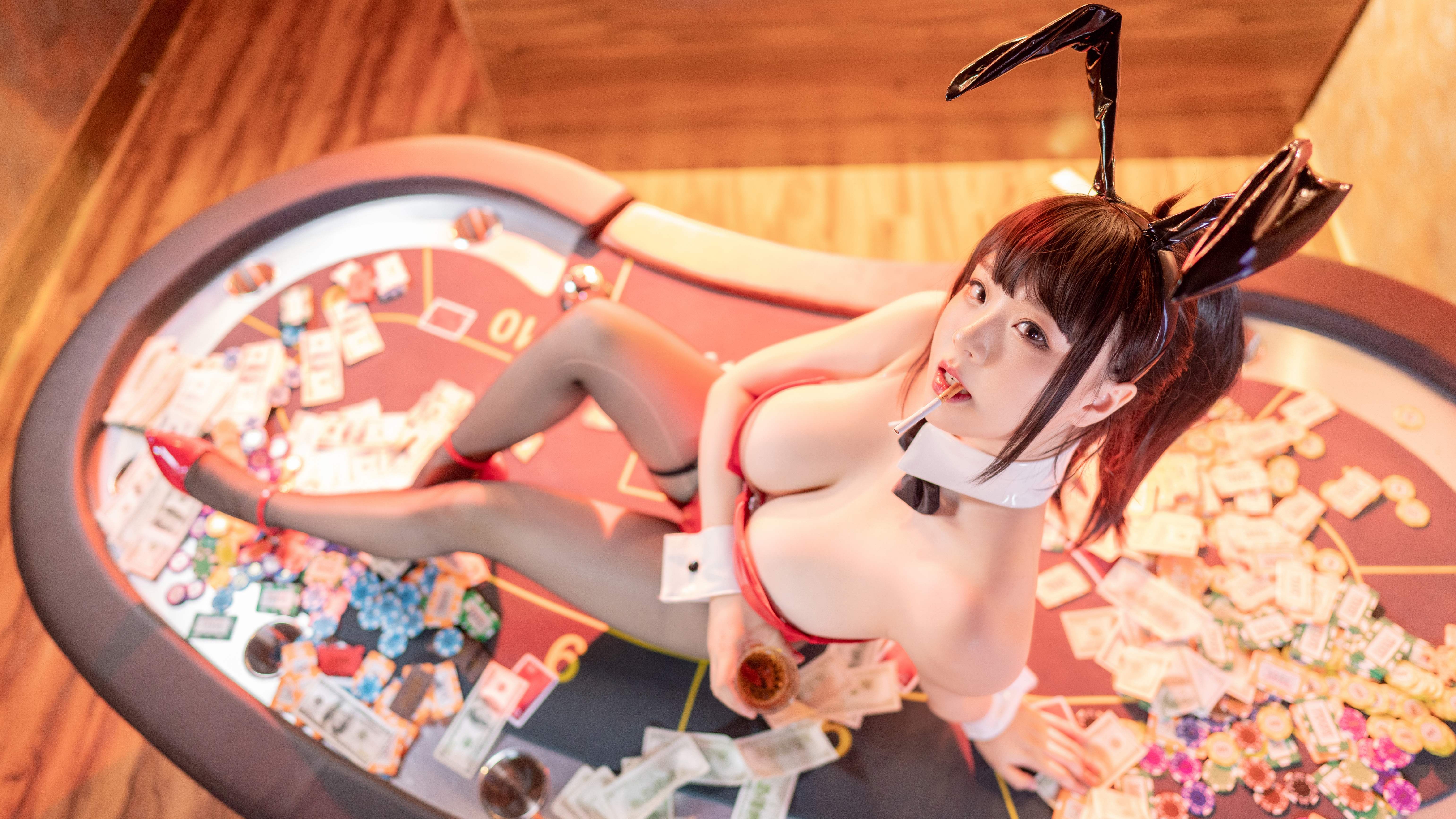 People 6164x3467 bunny ears Asian women bunny suit cleavage pantyhose high heels cosplay casino PIPINAI