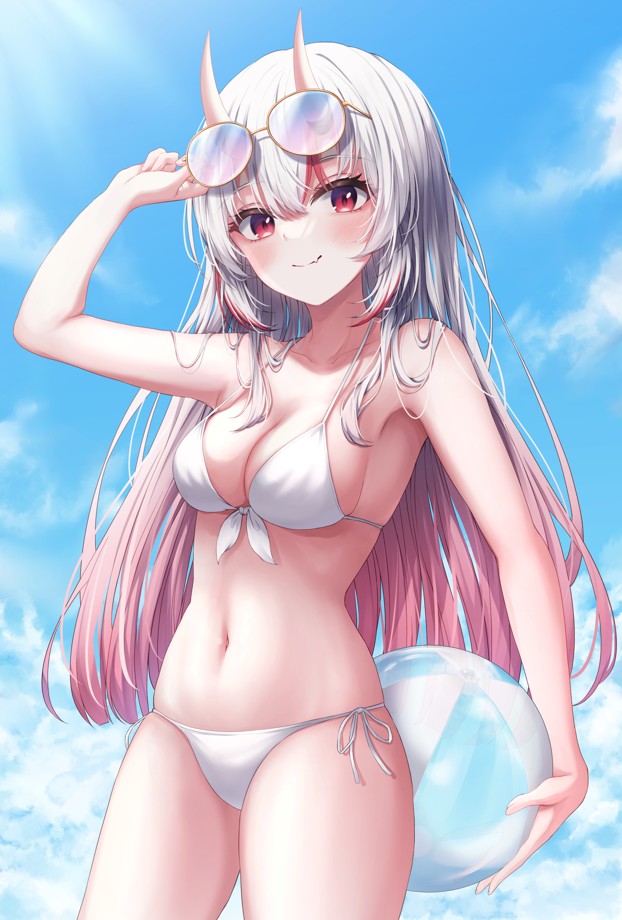 Anime 2176x3216 anime girls boobs bikini horns gradient hair beach ball red eyes sunglasses Hololive Virtual Youtuber Nakiri Ayame