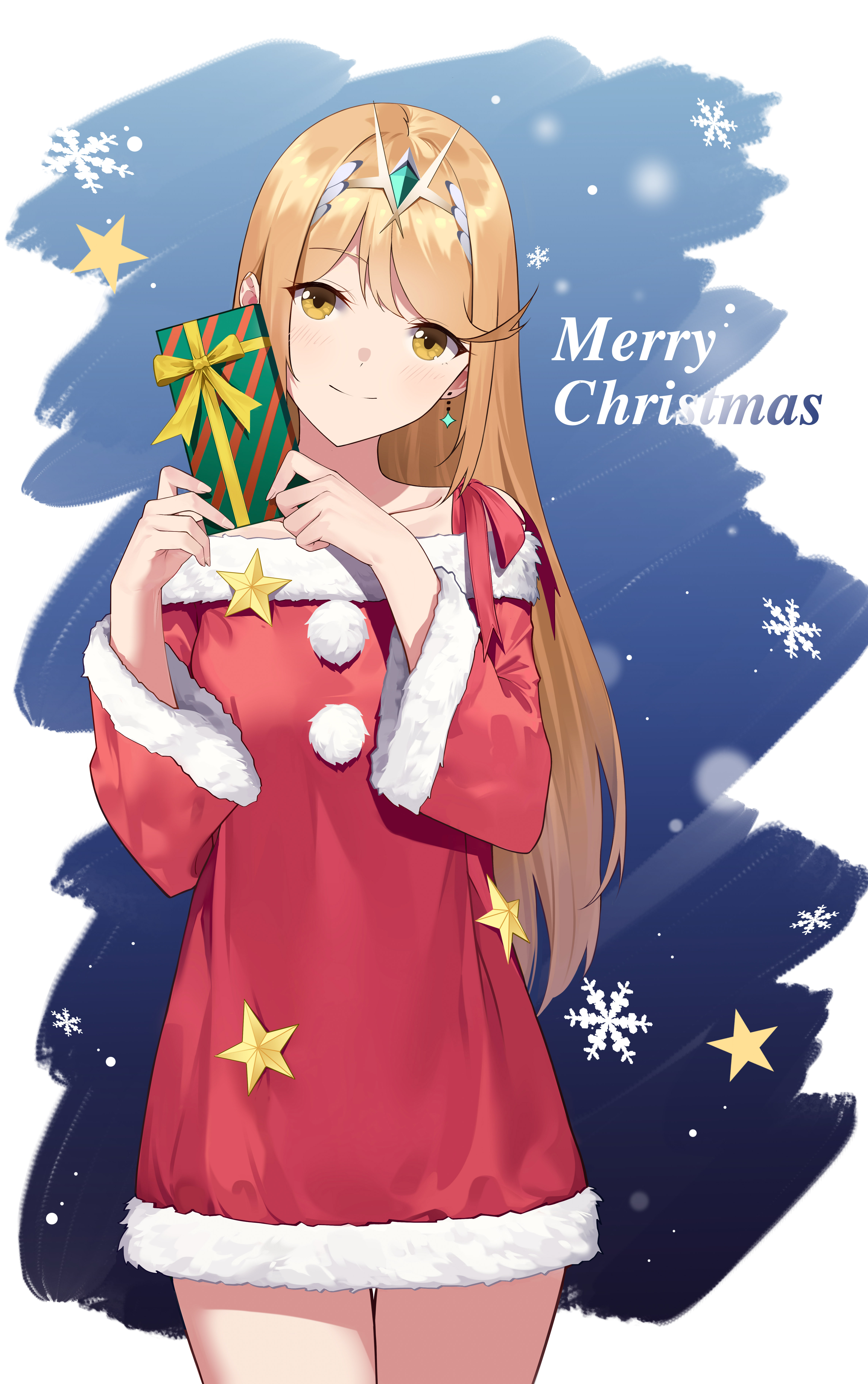 Anime 4566x7277 Xenoblade Chronicles 2 Hikari (Xenoblade Chronicles 2) Ray (artist) anime Christmas anime girls smiling holiday long hair looking at viewer Pixiv red clothing yellow eyes Christmas presents standing blonde