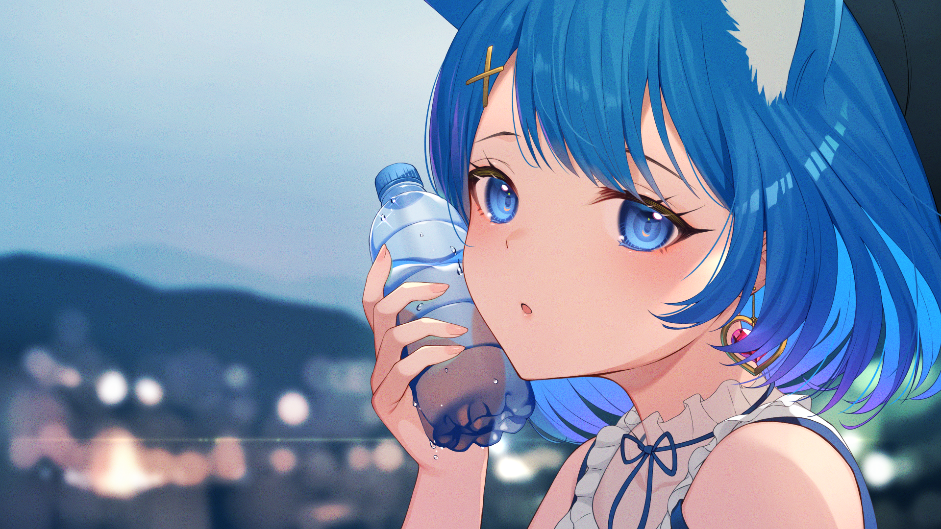 Anime 1920x1080 blue hair blue eyes water bottle anime girls cat girl cat ears