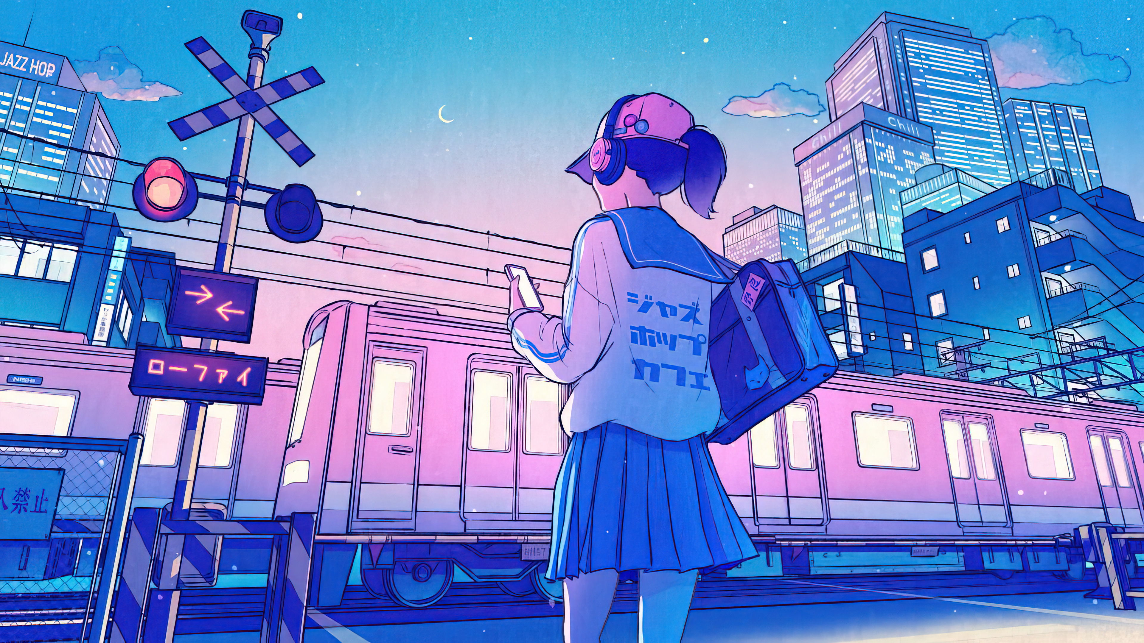 Anime 3840x2160 anime girls digital art train schoolgirl Japanese hat headphones school uniform