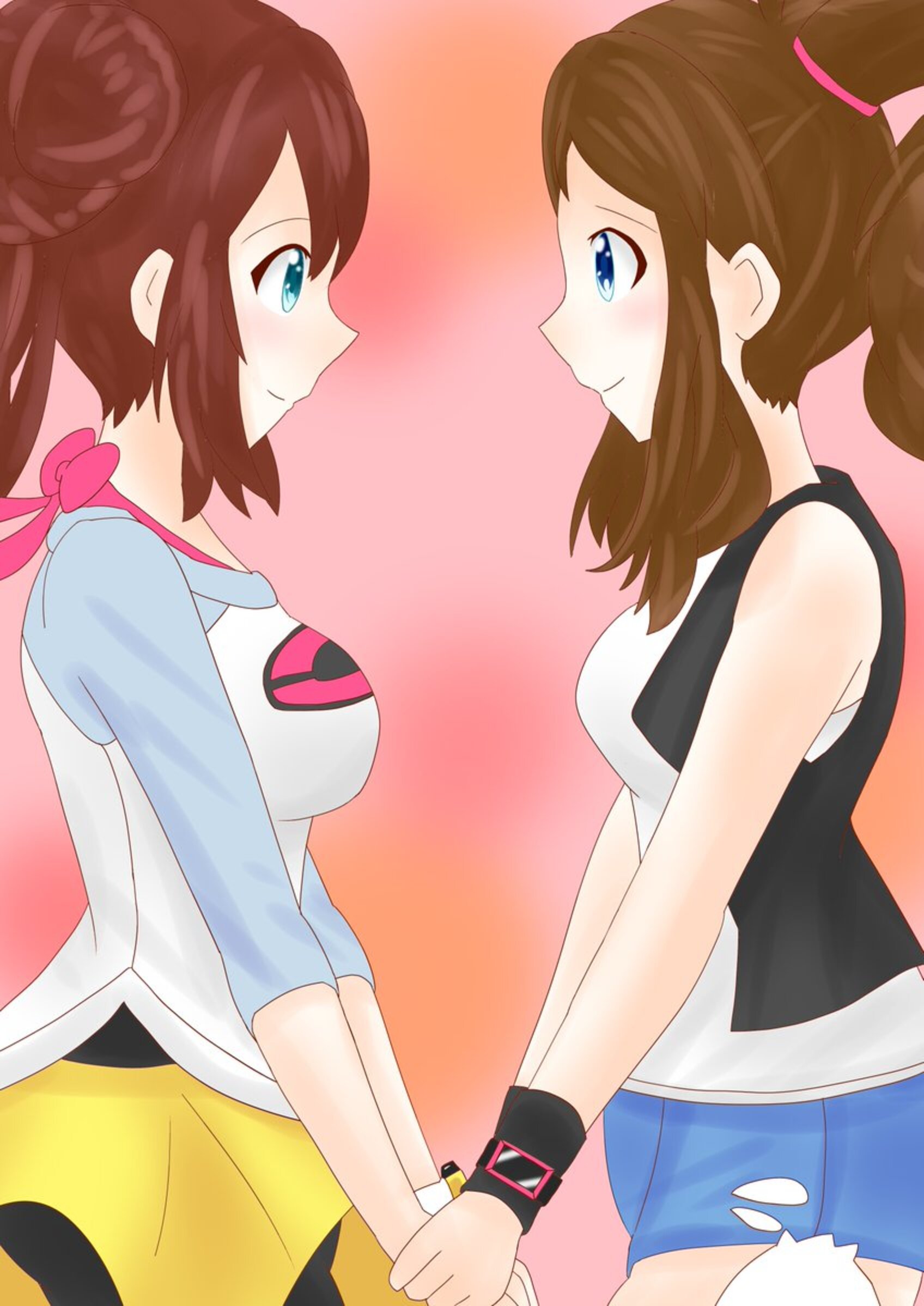 Anime 1696x2398 anime anime girls Pokémon Rosa (Pokémon) Hilda (Pokémon) long hair twintails ponytail brunette two women artwork digital art fan art
