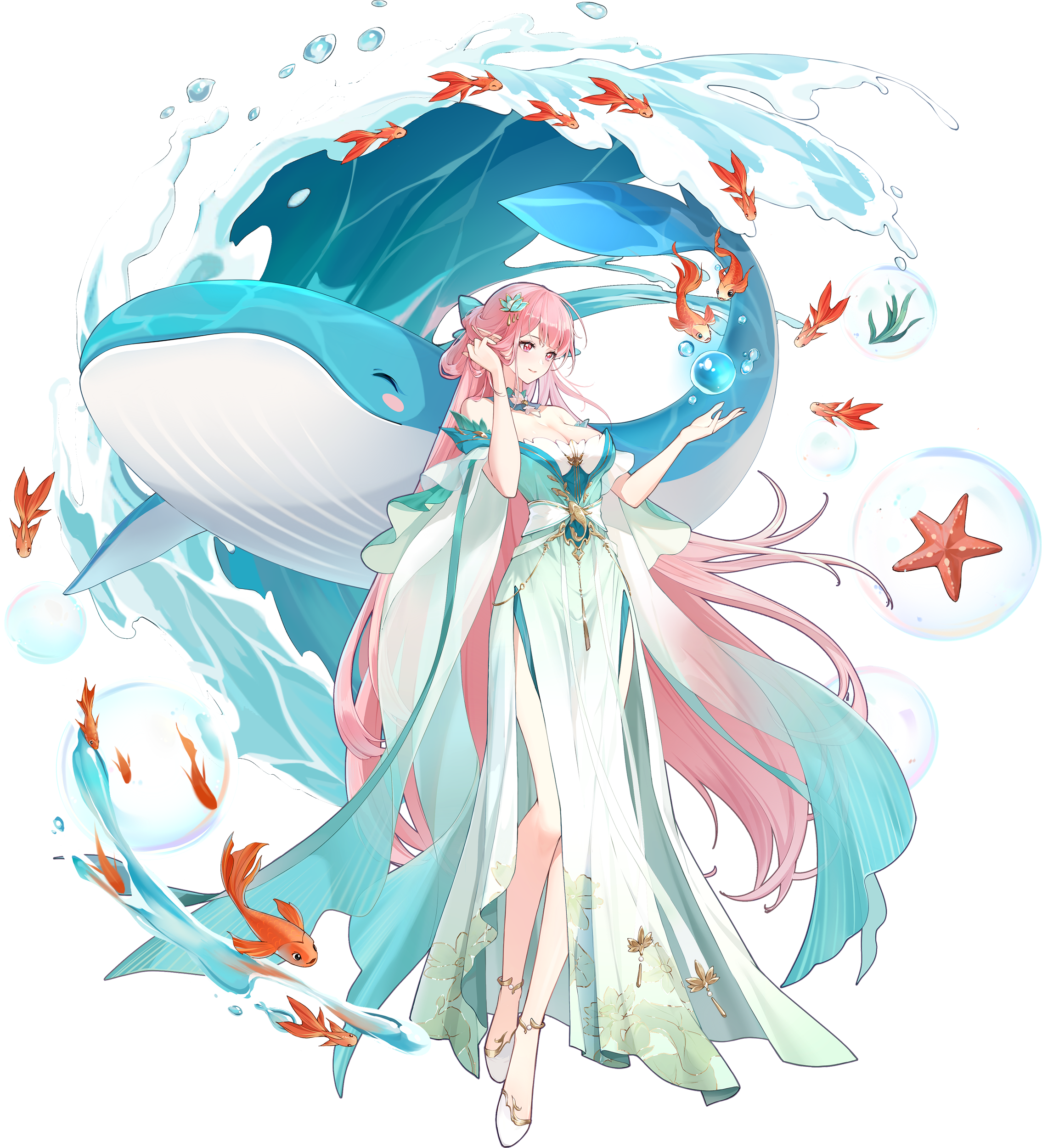 Anime 2269x2500 Aura star boobs anime girls whale animals fish starfish water bubbles long hair pink hair pointy ears pink eyes