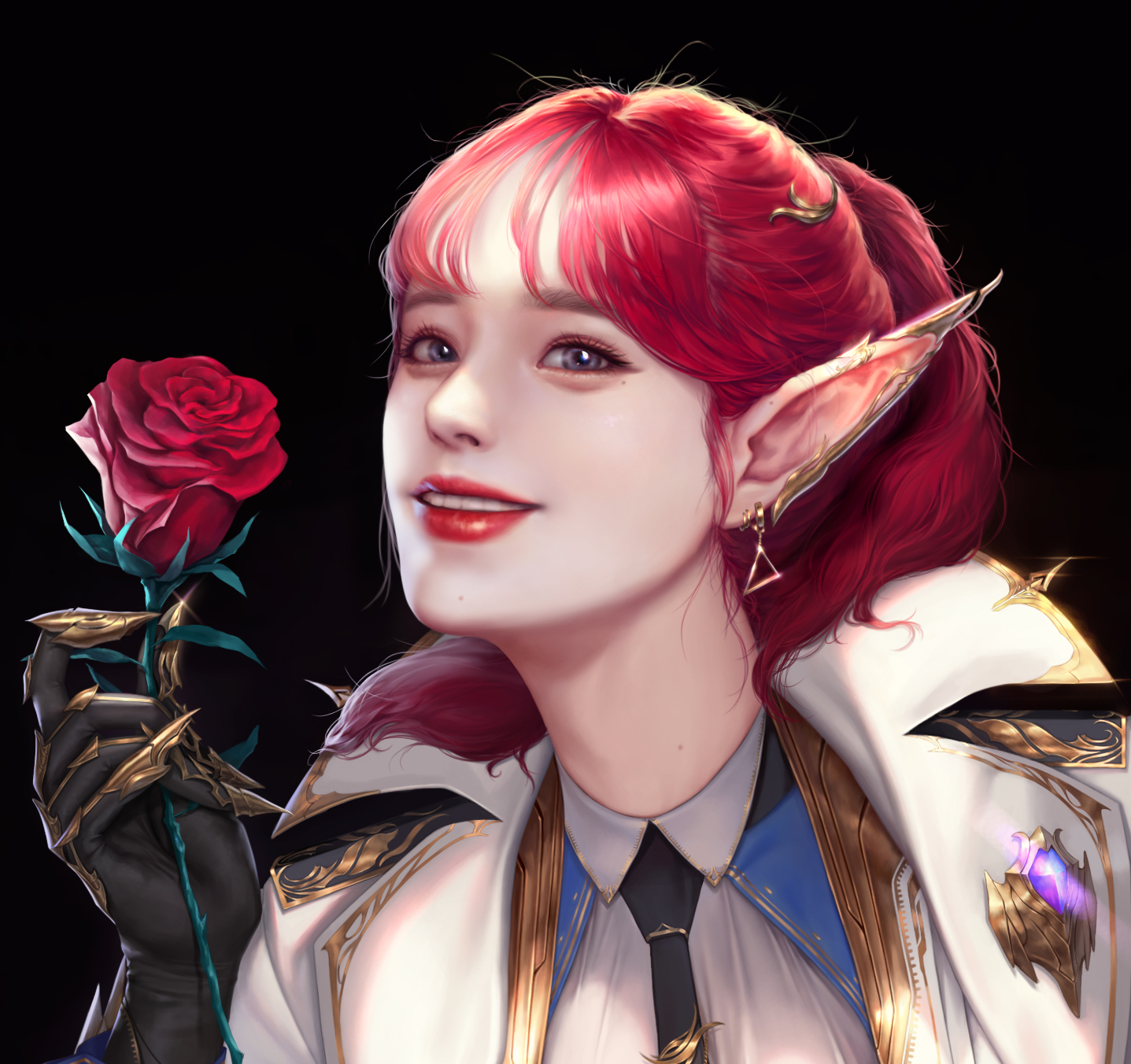 General 1437x1352 fantasy girl painting Yong Jun Park redhead pointy ears rose