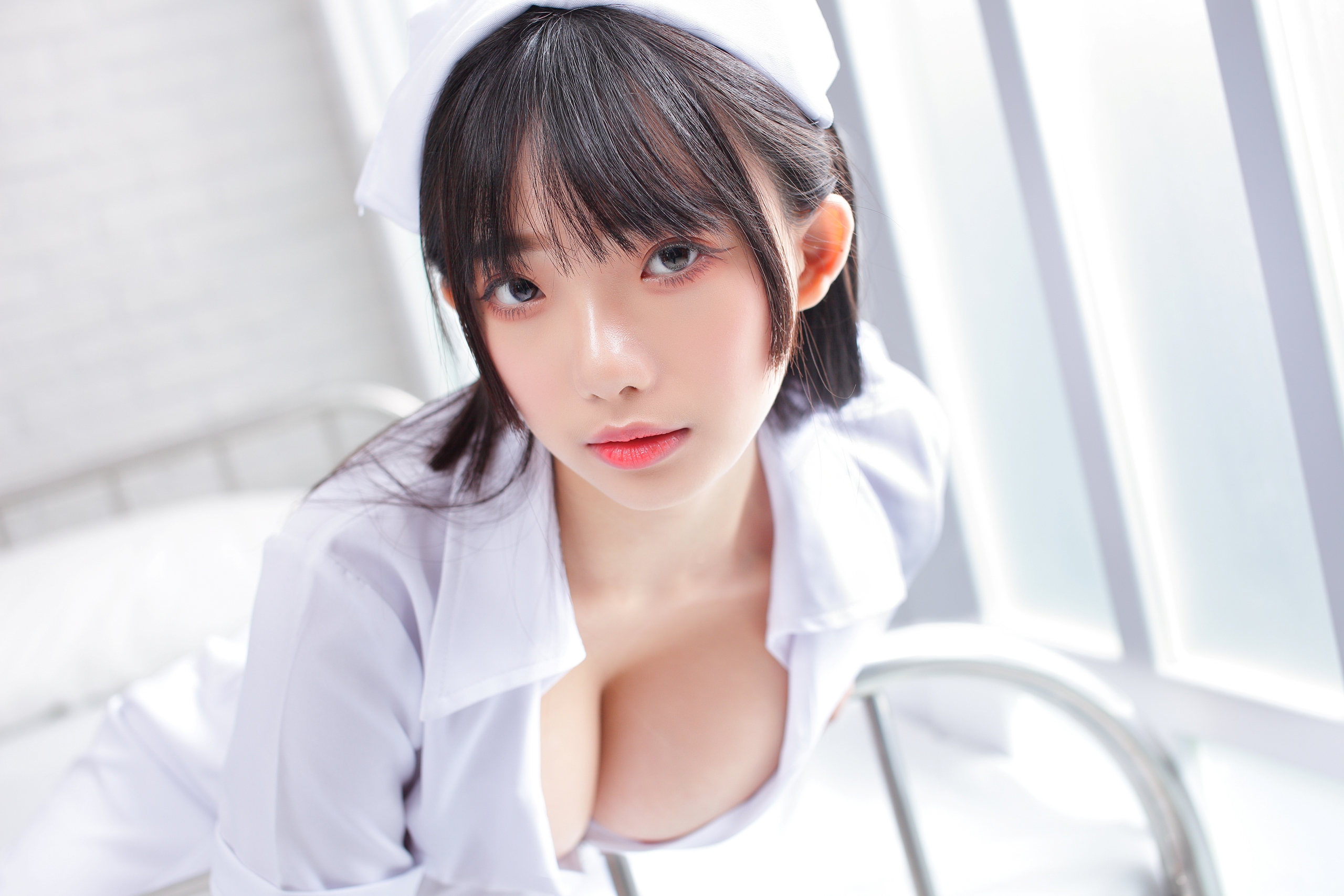 People 2560x1707 Asian cosplay Ning Shioulin women model nurse outfit nurses portrait cleavage indoors women indoors boobs looking at viewer