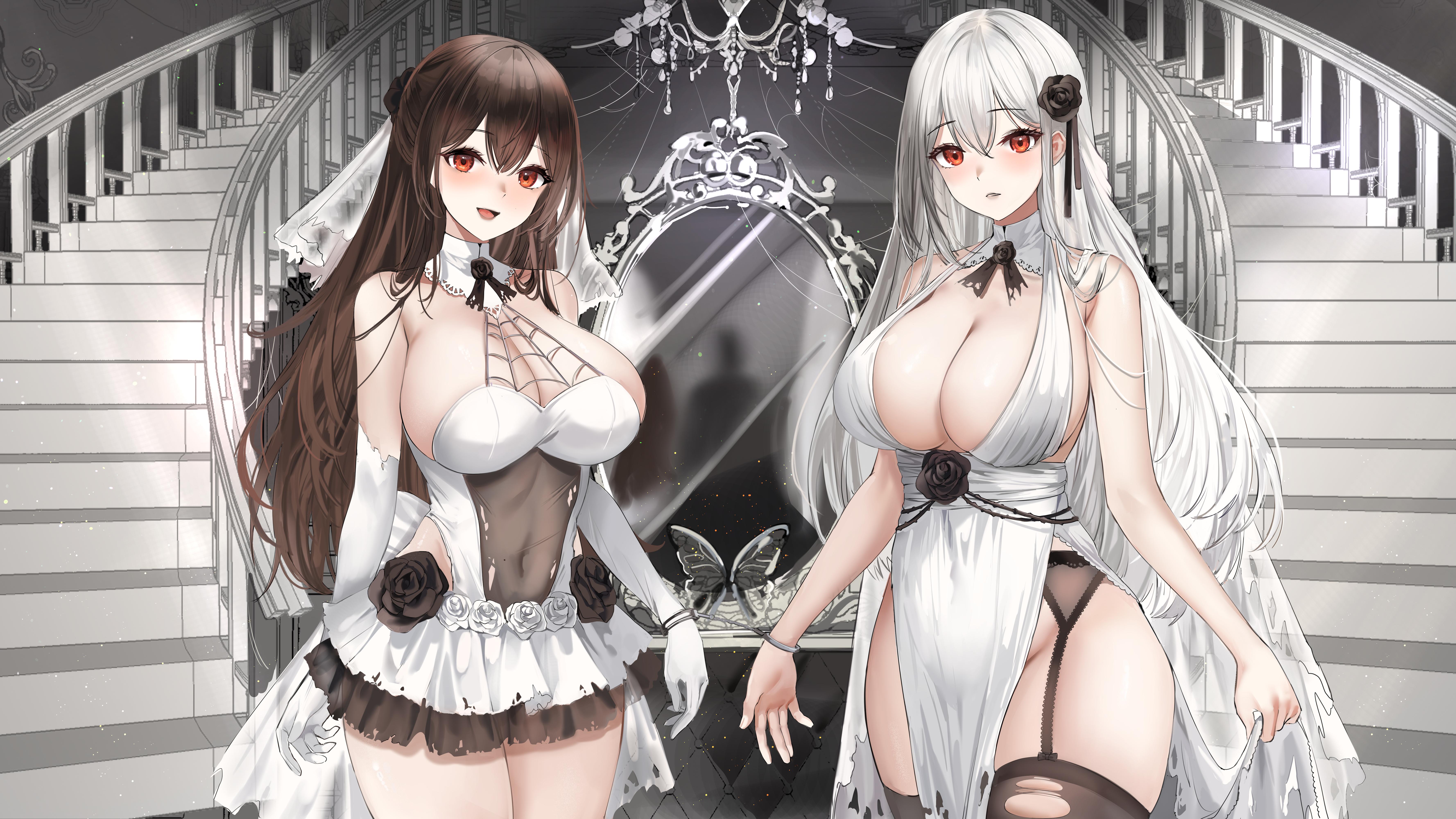 Anime 7111x4000 anime anime girls cleavage huge breasts mirror shadow blushing parted lips smiling open mouth boobs indoors stairs hallway centered spiderwebs skimpy clothes belly button see-through clothing thighs lingerie orange eyes brunette white hair pale curvy long hair bare shoulders belly garter belt torn stockings torn clothes stockings butterfly women indoors looking at viewer flowers artwork lillly standing
