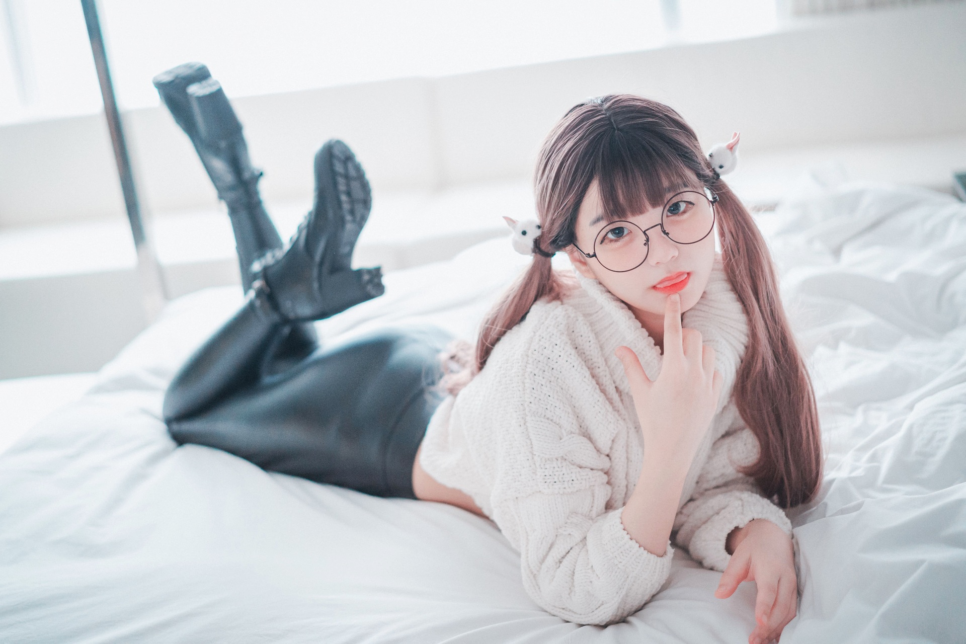 People 1920x1280 Jenny Jeong women model Asian long hair brunette twintails leather pants  black pants women with glasses lying on front tongue out sweater women indoors Korean Korean women lipstick