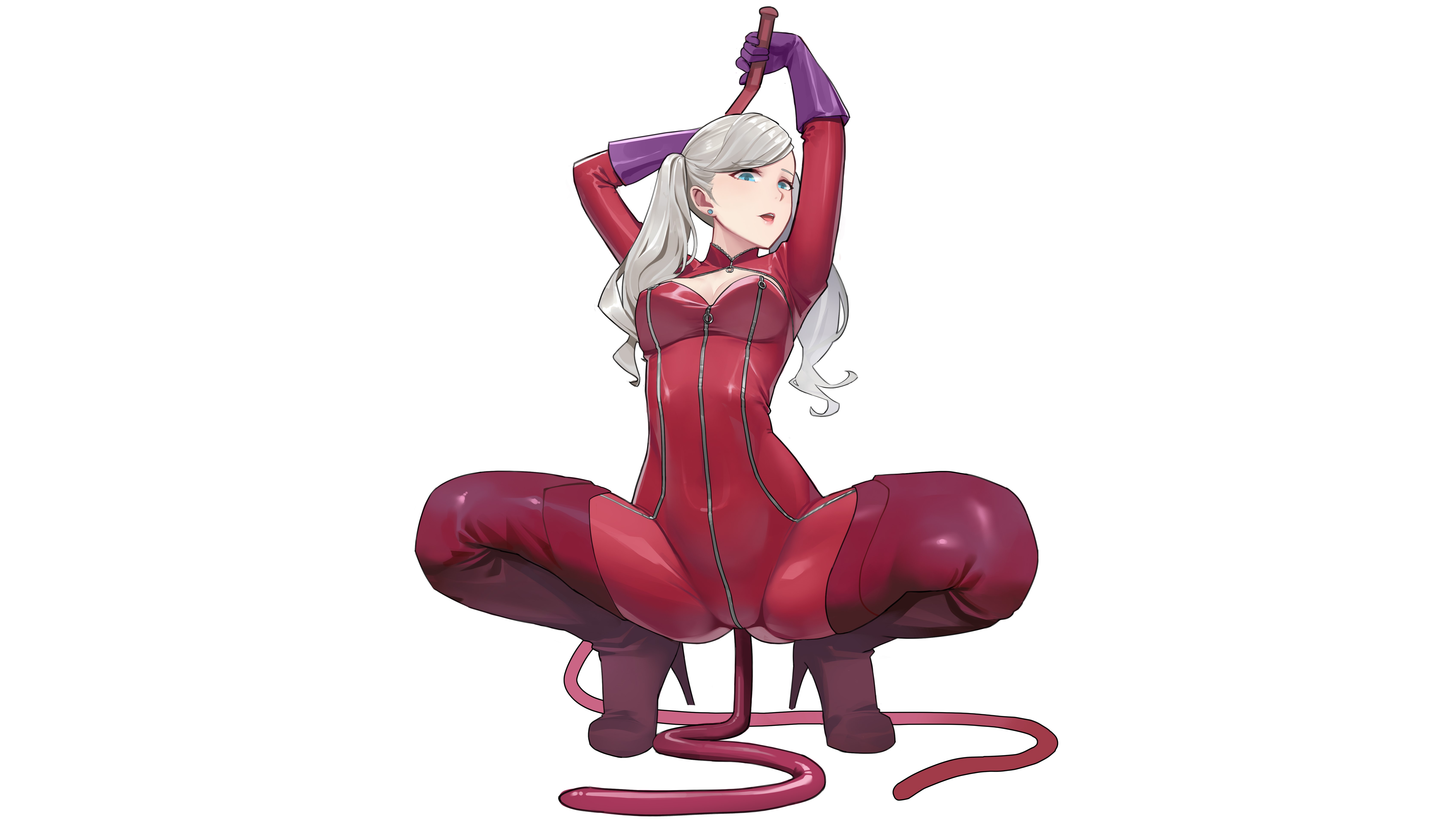Anime 6788x3818 kawery Ann Takamaki  Persona 5 anime anime girls spread legs squatting arms up simple background looking at viewer blonde long hair twintails blue eyes cleavage cleavage cutout boobs thighs high heeled boots latex bodysuit tail bodysuit catsuit