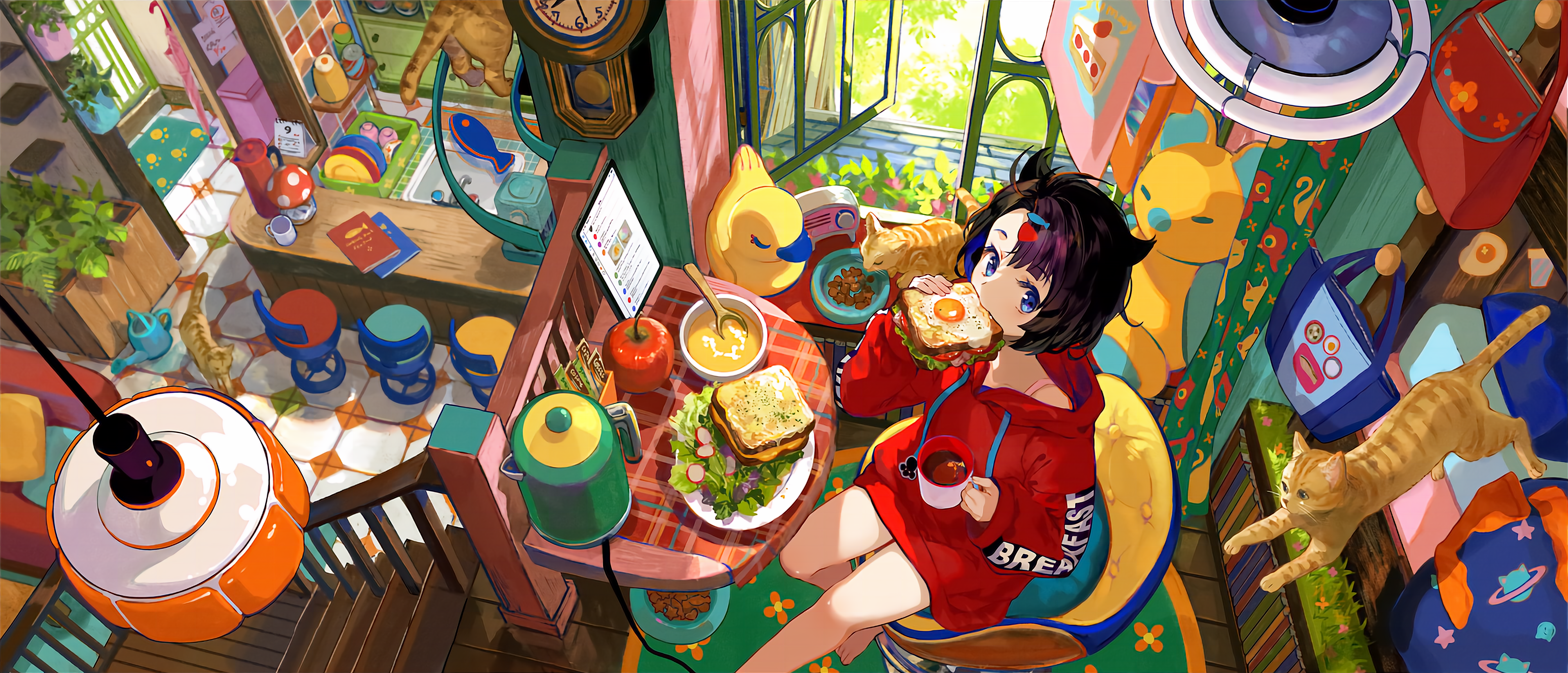 Anime 5400x2319 anime anime girls artwork aerial view Fuji Choko black hair women indoors blue eyes sitting looking at viewer anime girls eating cats animals drink food toasts fruit apples plates kitchen steps chair interior lock numbers hair clip long sleeves short hair hoods scenery stairs rubber ducks faucets sink eggs bag wide screen sandwiches bowls