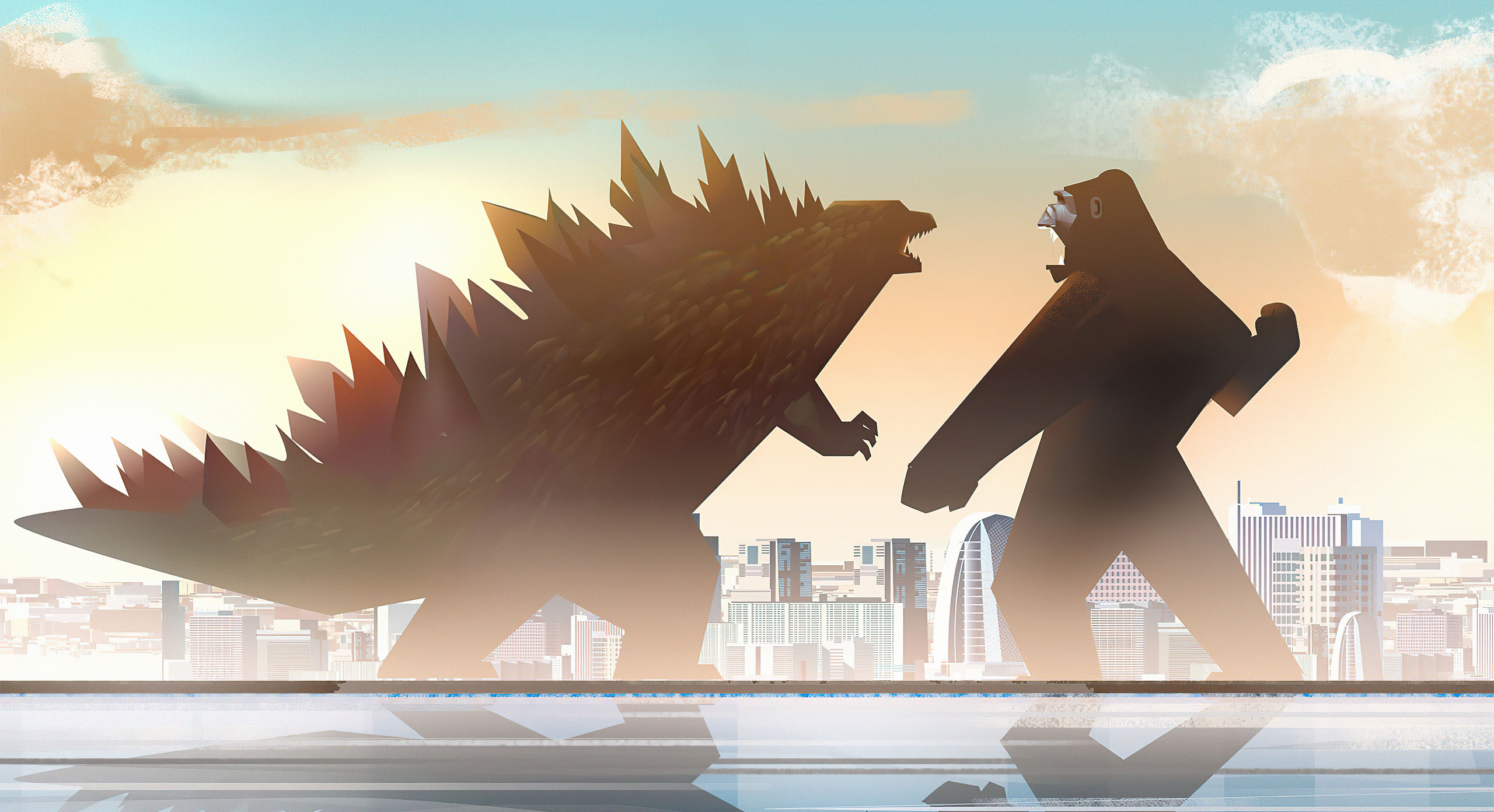 General 2560x1392 creature battle King Kong Godzilla digital art